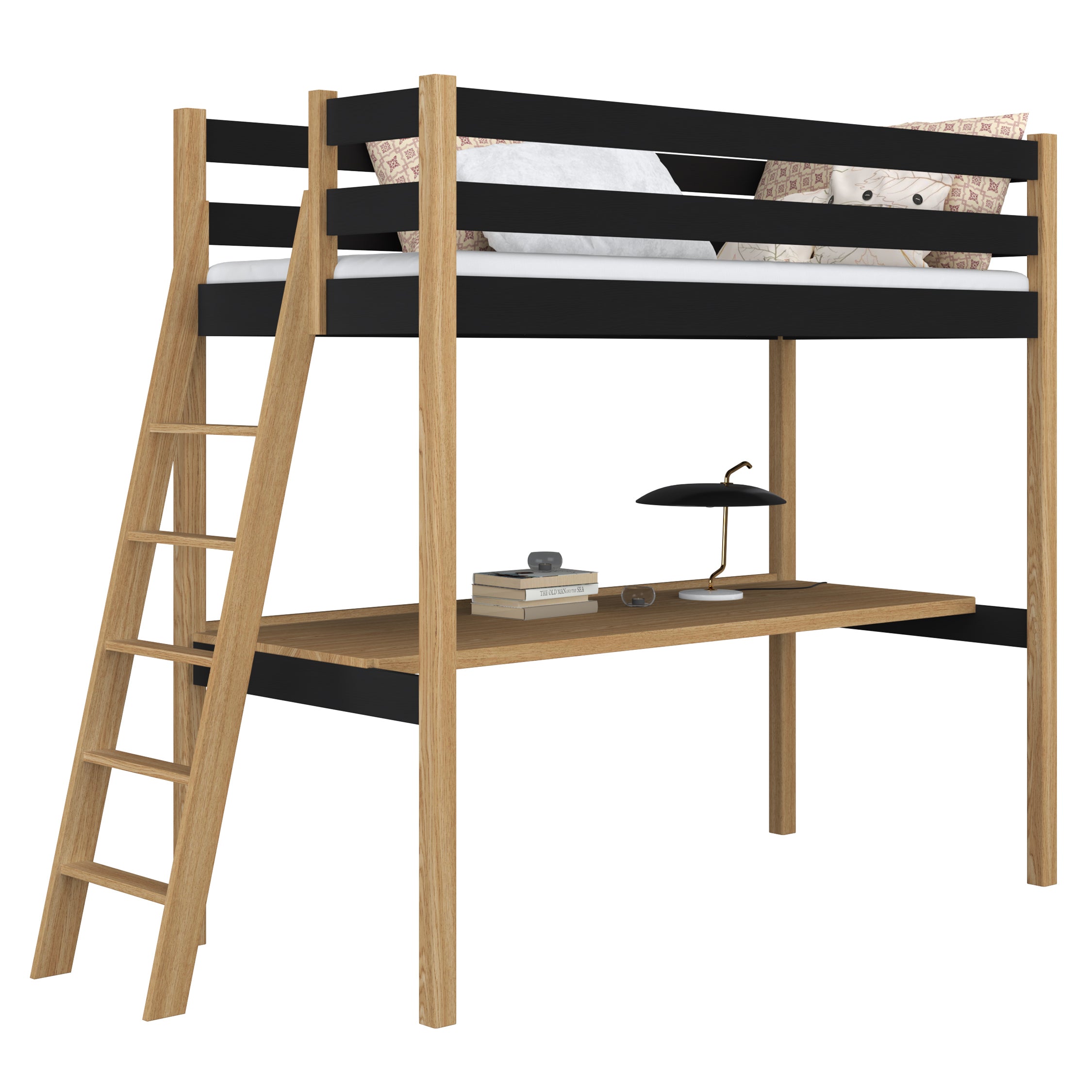 Łóżko na antresoli z biurkiem N02 czarno dębowy – widok z boku