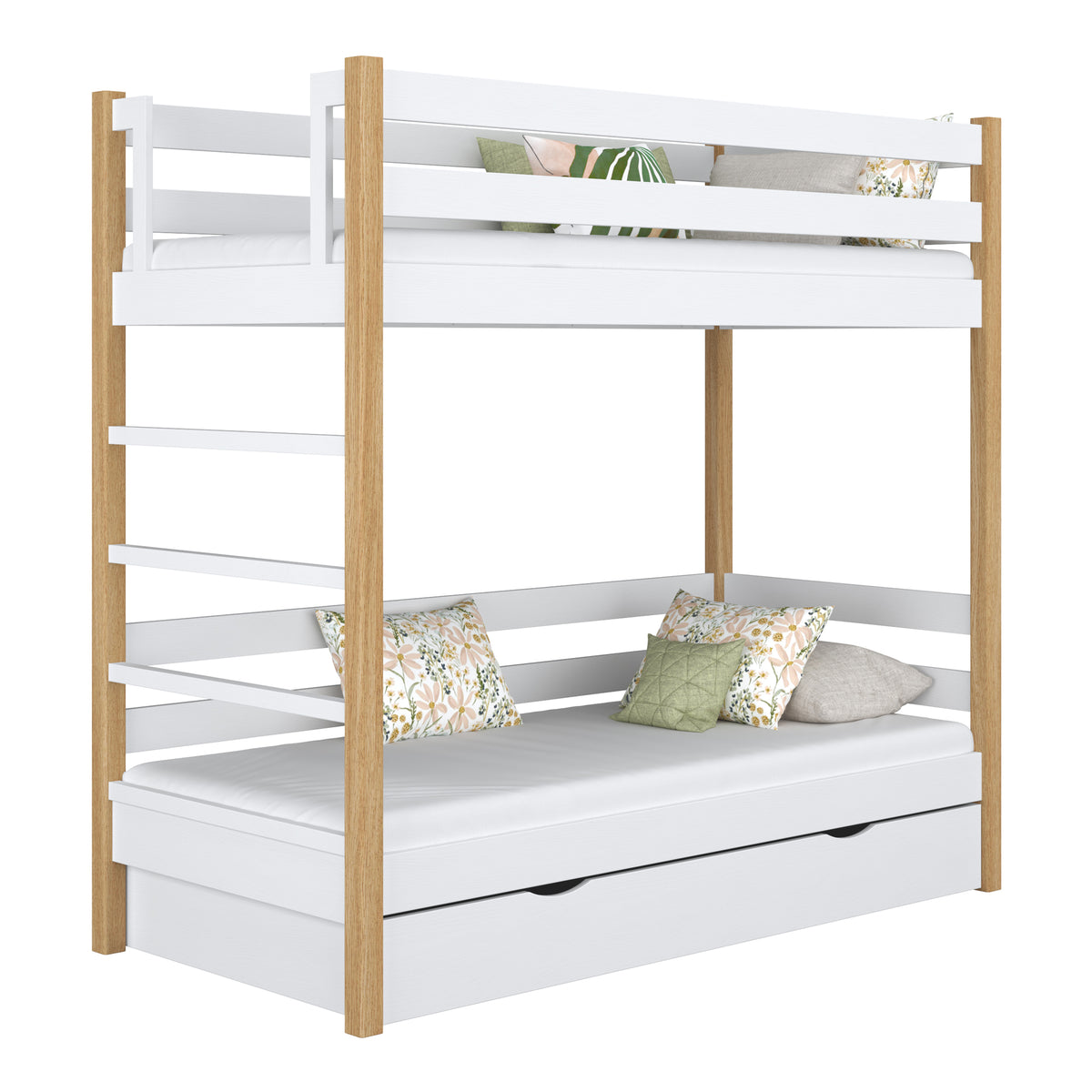 Letto a castello con cassetto in legno bianco-quercia – stanza per bambini, legno massello, scandi