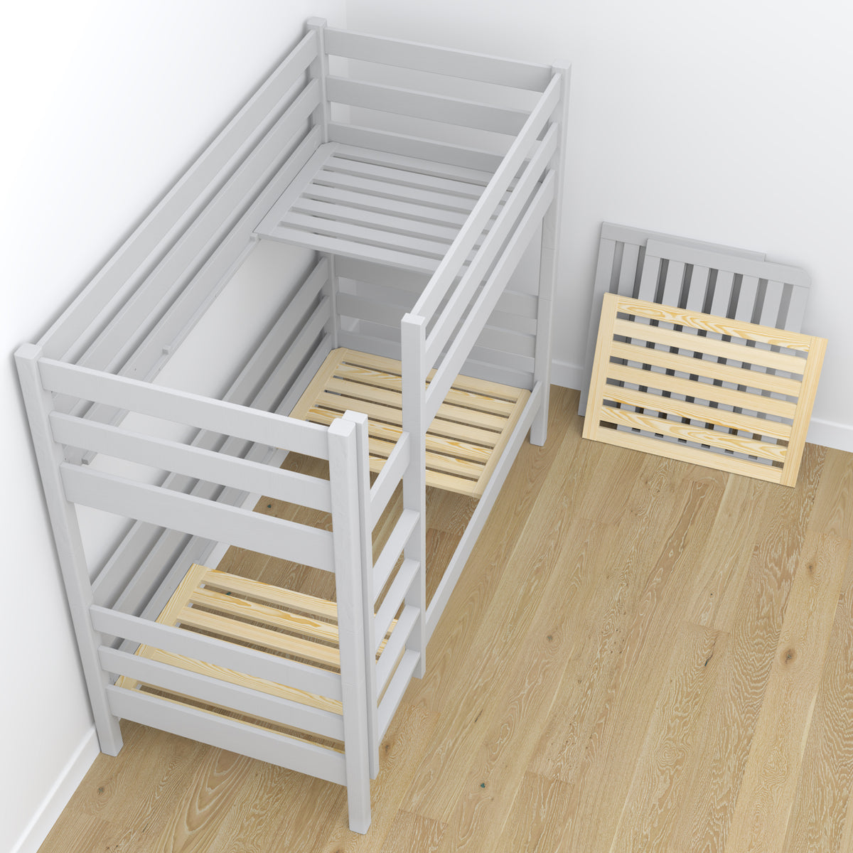 Grey Wooden Bunk Bed – Slatted Frame, Durable Joinery Joints