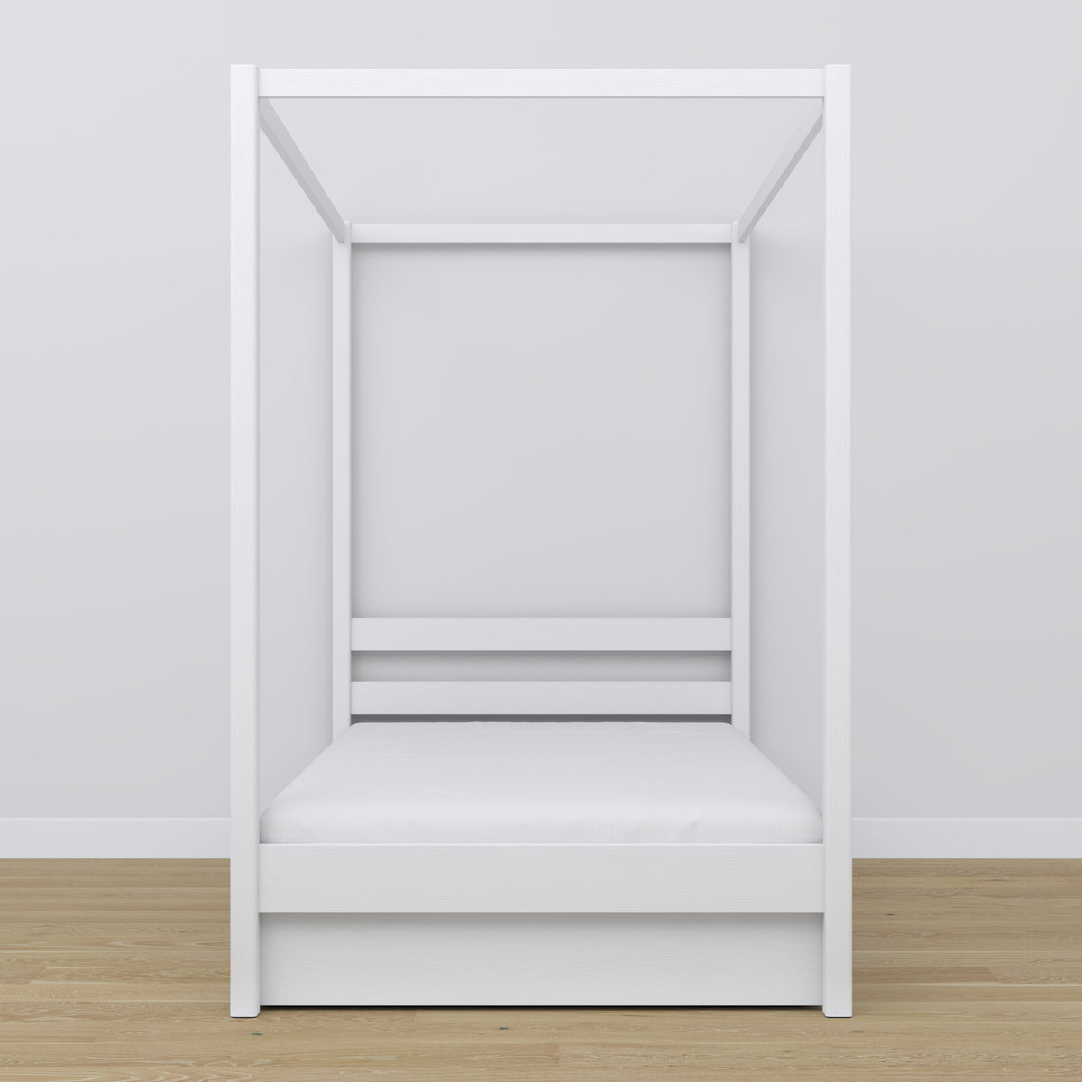 Letto con baldacchino in legno bianco – vista diagonale, qualità della lavorazione