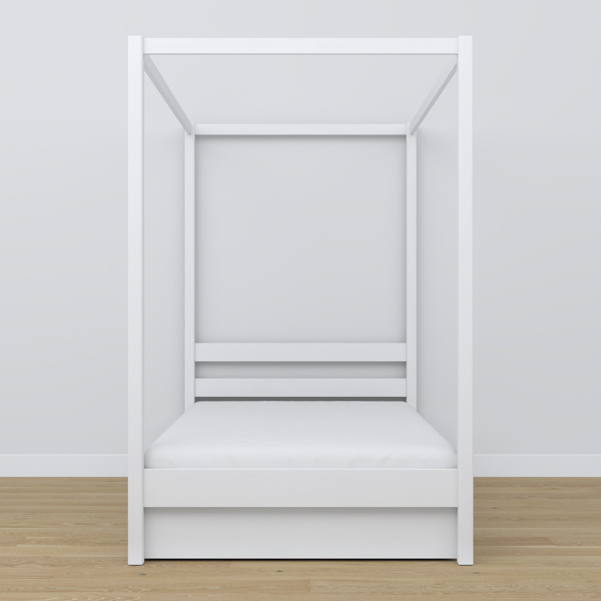 Letto con baldacchino in legno bianco – vista diagonale, qualità della lavorazione