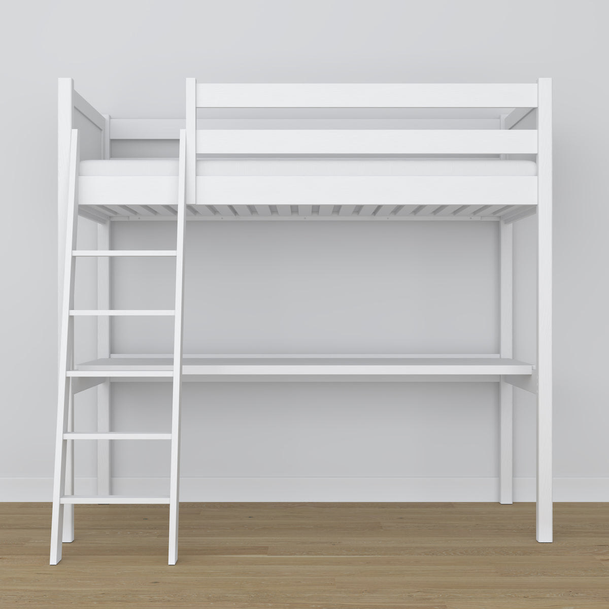 Letto a soppalco bianco con scrivania – spazio studio sotto il letto, in legno