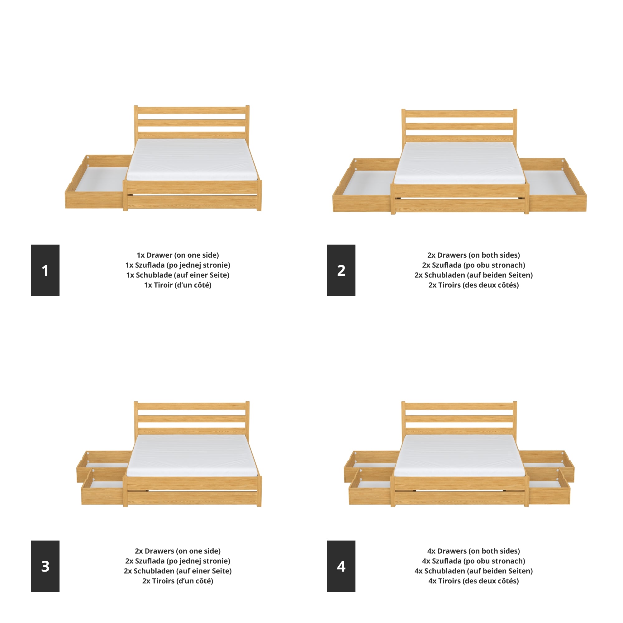 Double bed natural pine with drawer in bedroom – Scandinavian arrangement