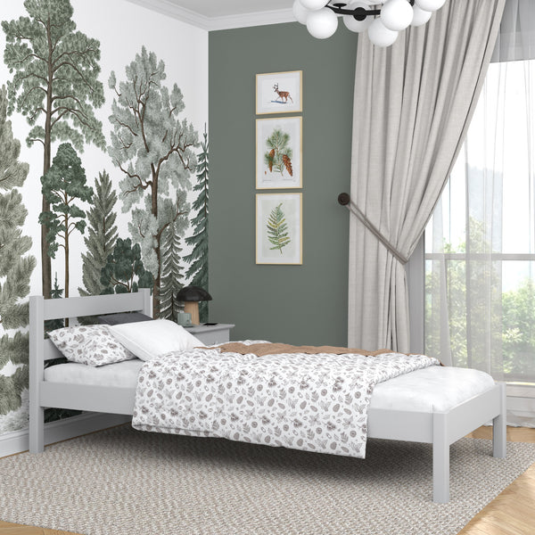 Bed grey – wooden headboard, close-up of wood quality, Nizio