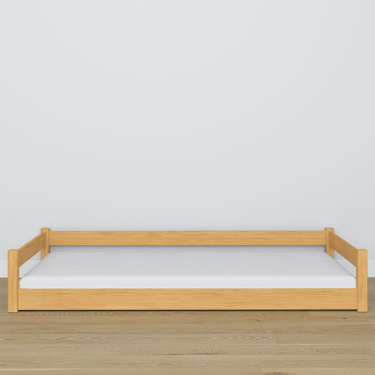 Low Wooden Natural Pine Bed – Low Frame, Side View, Scandi Bedroom