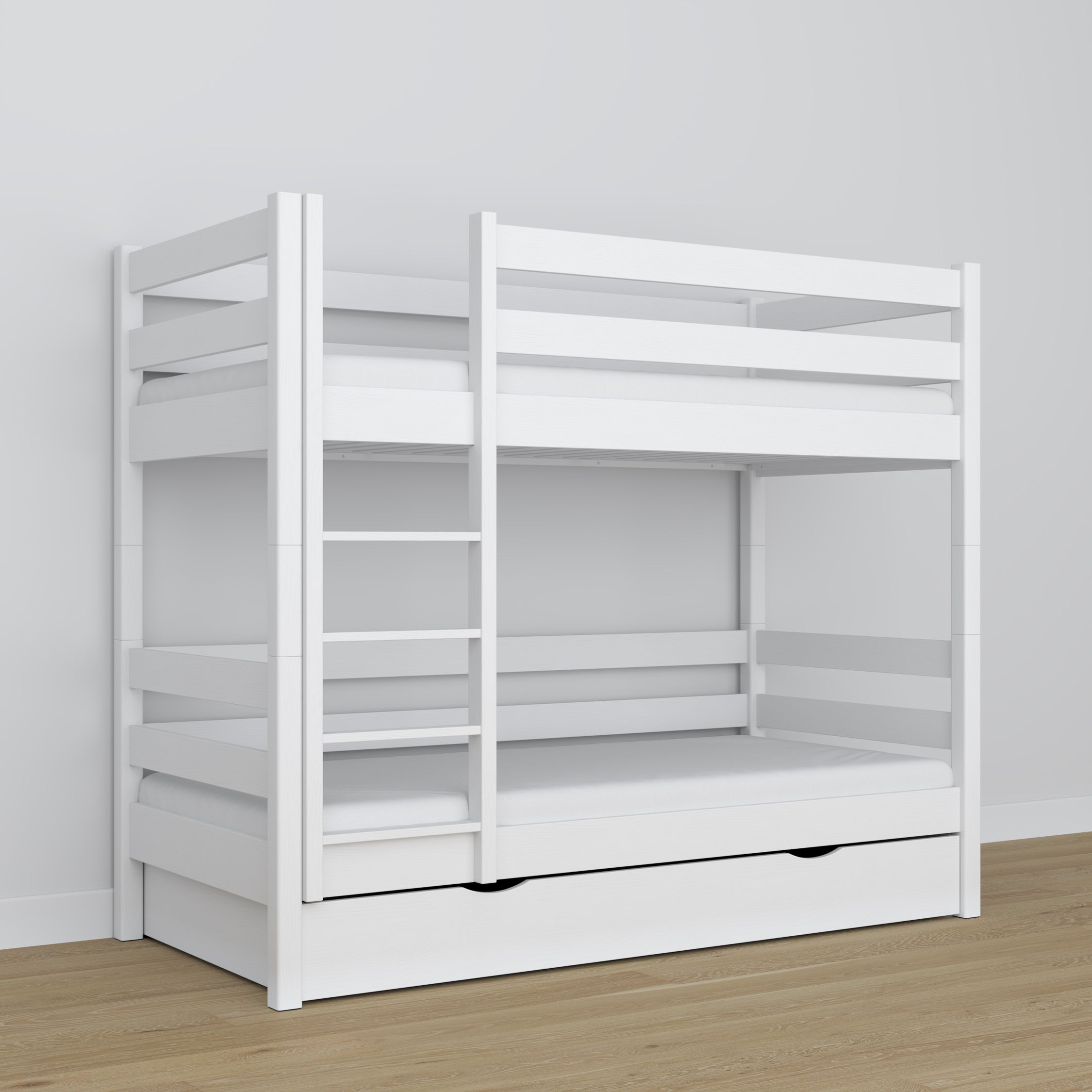 White Bunk Bed – Wooden Slatted Frame, Side View