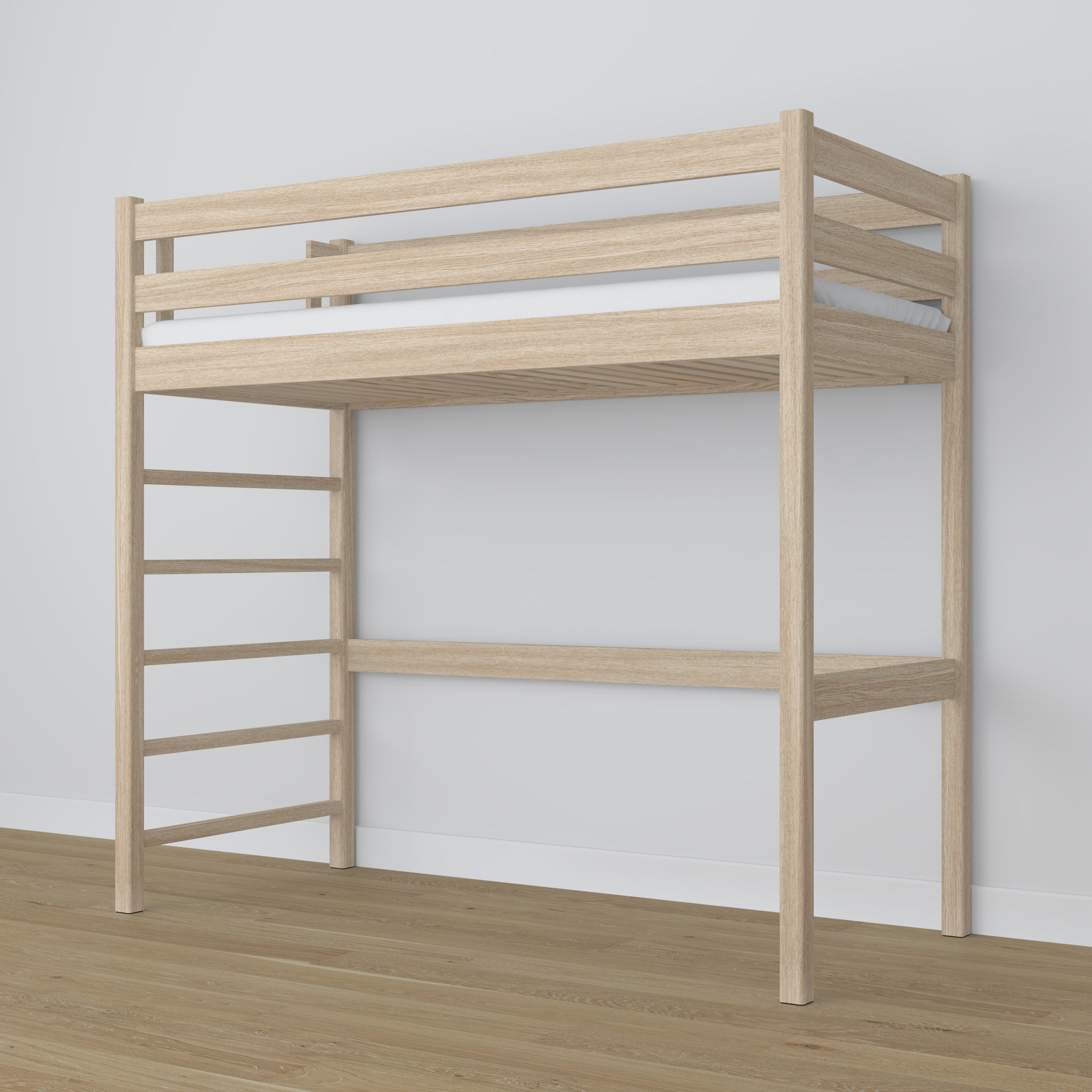 Letto a soppalco in rovere sbiancata – struttura con doghe, vista laterale