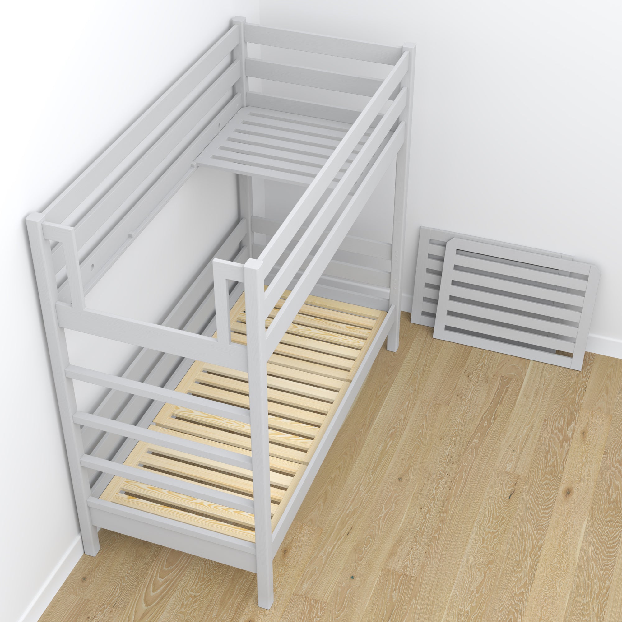 Grey Wooden Bunk Bed – Slatted Frame, Durable Joinery Joints