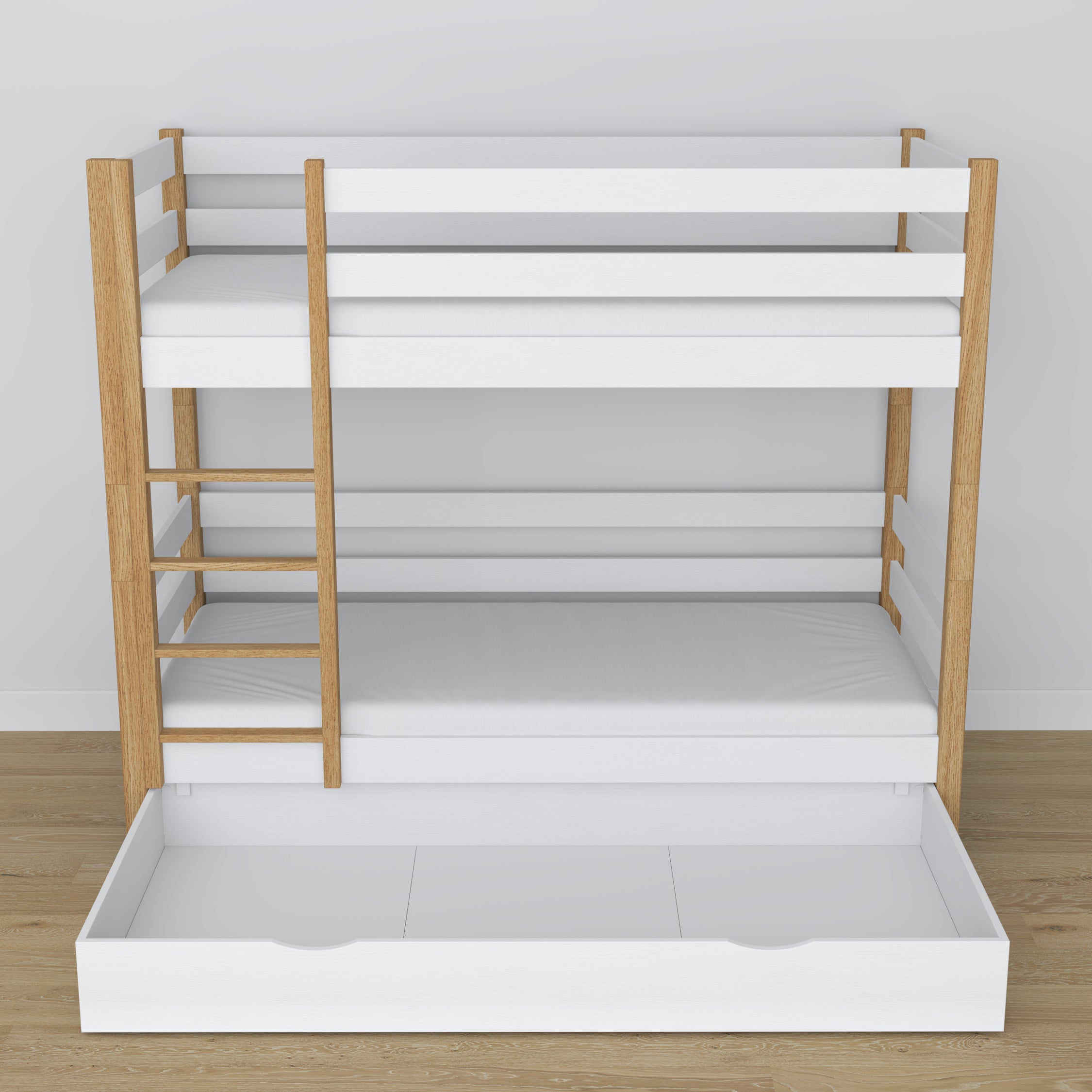 Letto a castello in legno bianco-quercia con cassetto – dimensioni e schema, Nizio