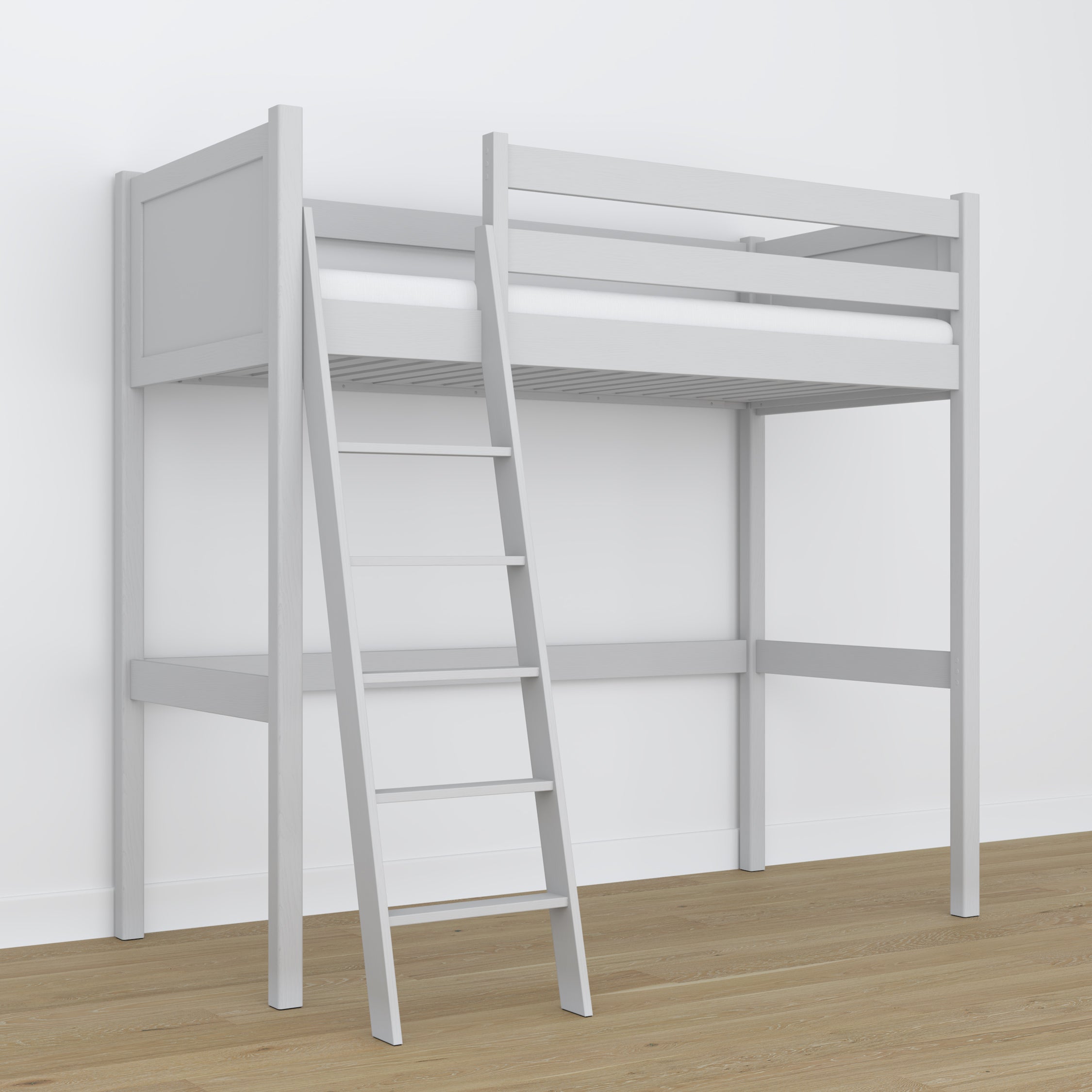 Letto a soppalco in legno grigio – dettaglio giunzioni e scala, Nizio Home