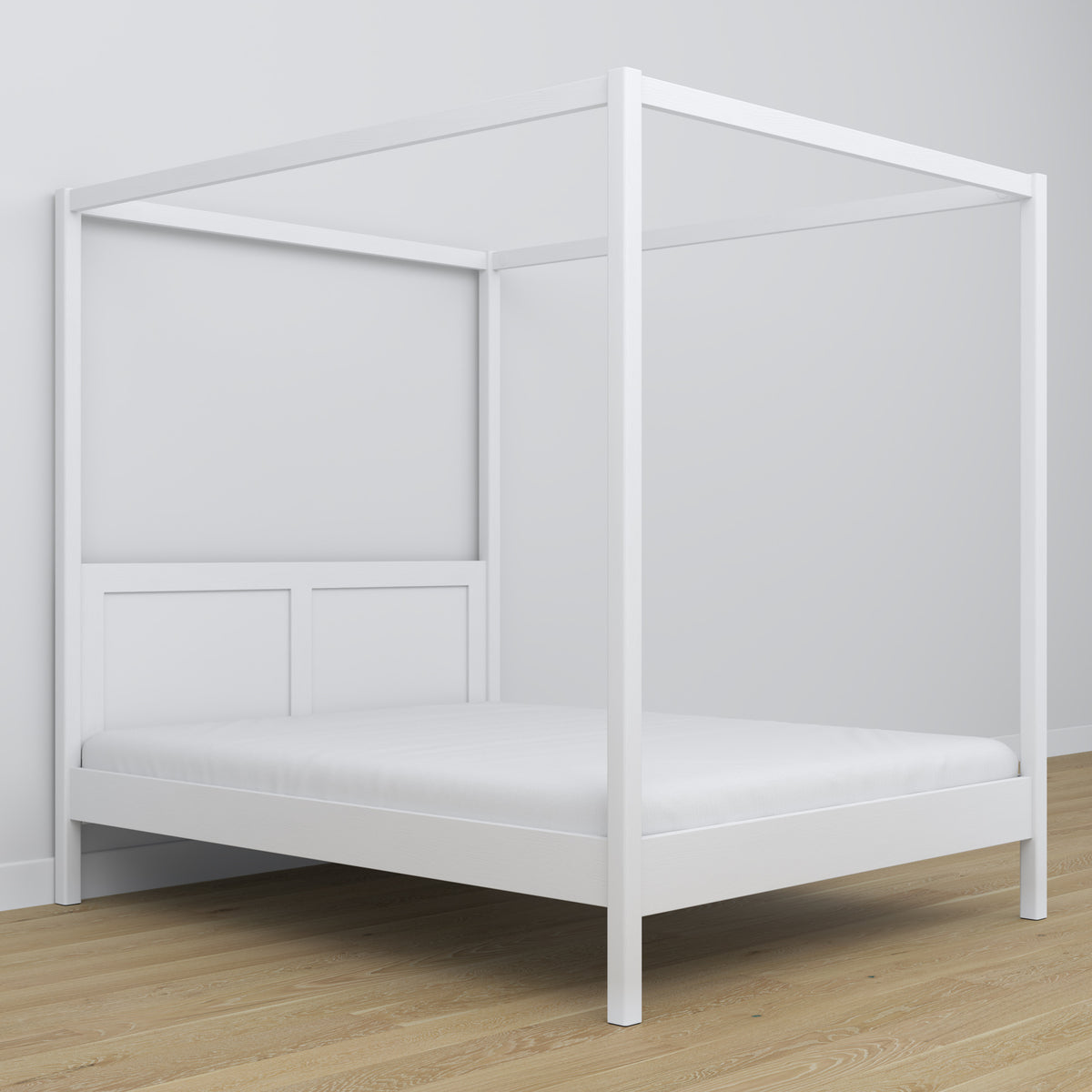 Double bed white with canopy – decorative wooden frame, scandi