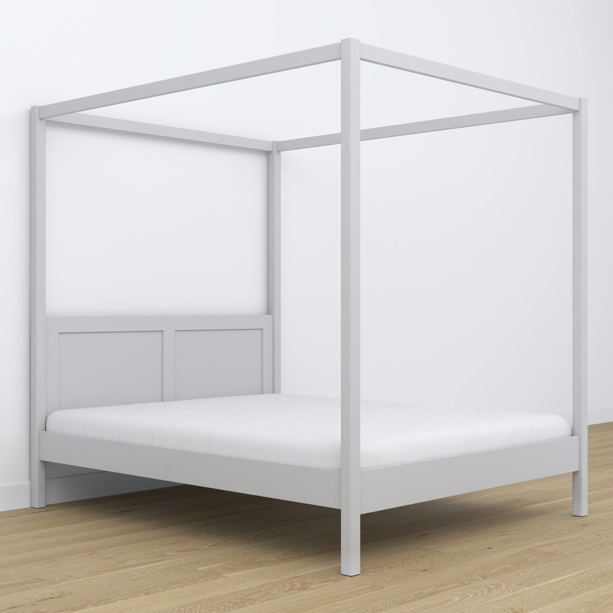 Double bed grey with canopy – decorative wooden frame, scandi