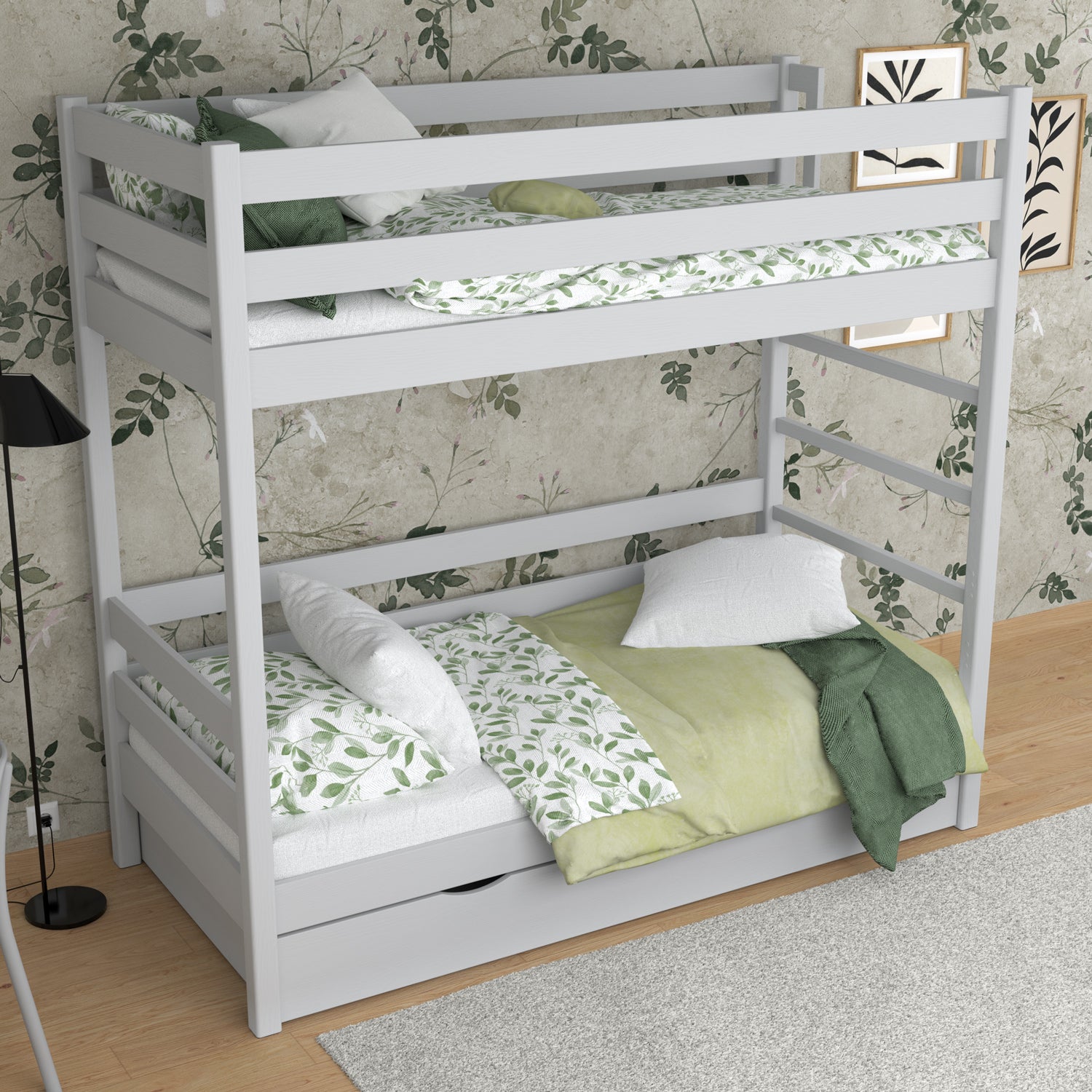 Grey Bunk Bed for Children – Two Sleeping Areas and Drawer, Wooden