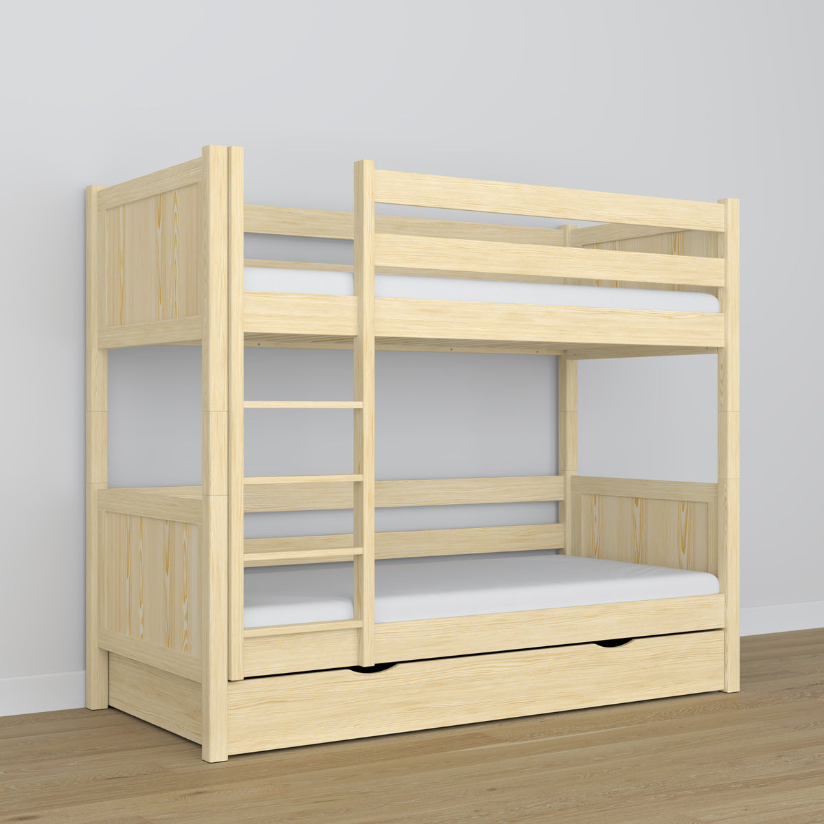 Letto a castello in legno pino trasparente – cassetto aperto, capiente vano sotto letto