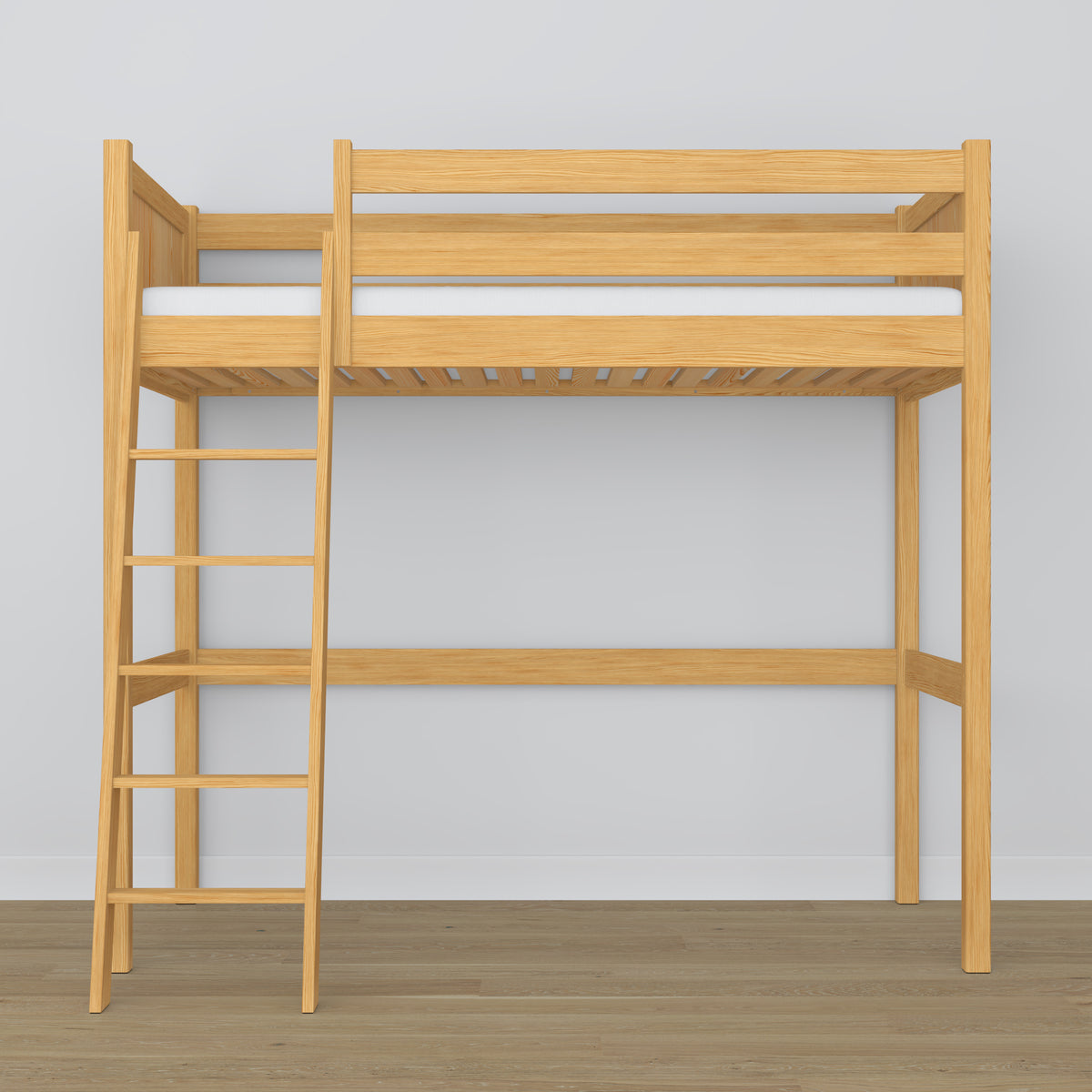 Letto a soppalco pino naturale – scala e sponda in legno, Nizio Home