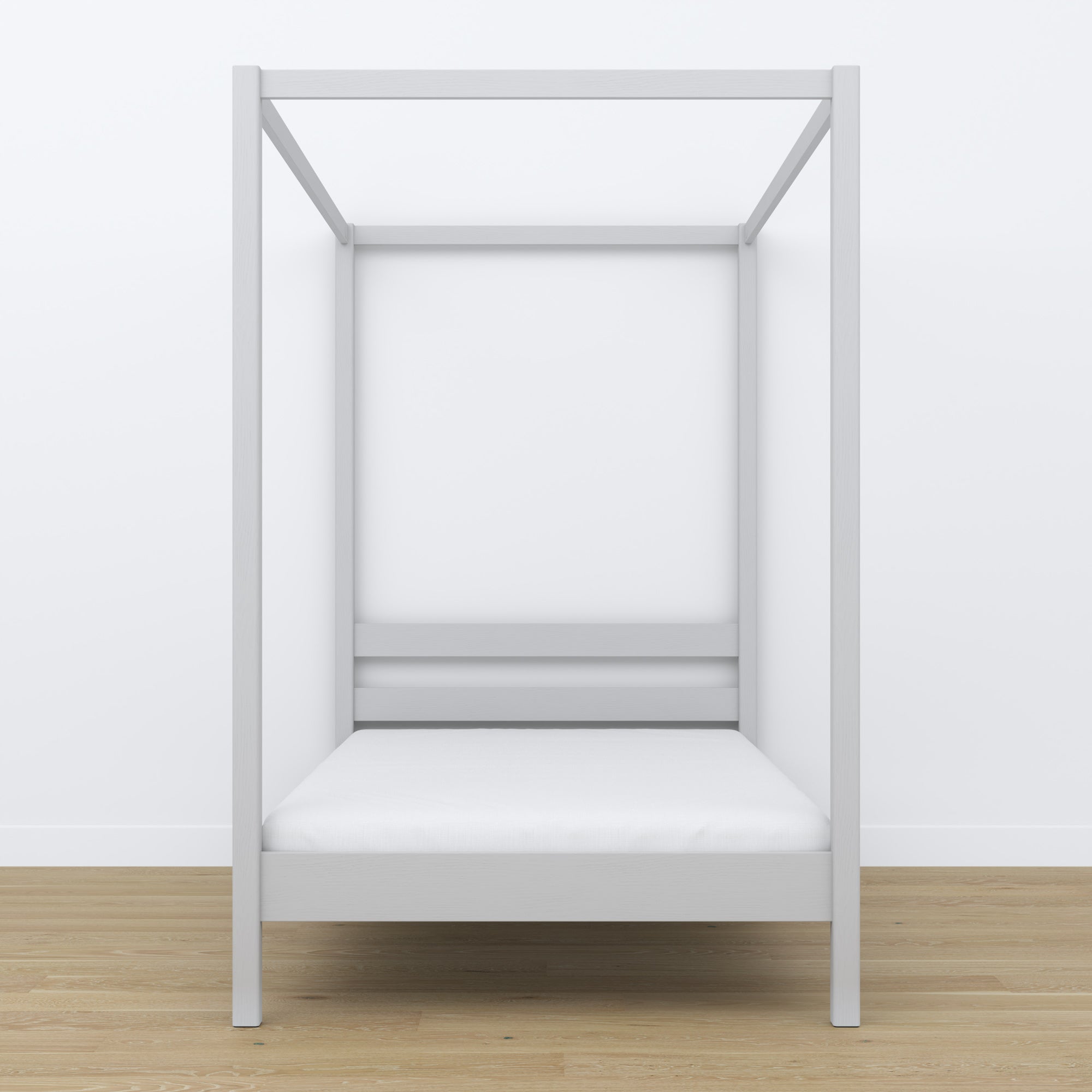 Wooden grey canopy bed – close-up of canopy and headboard
