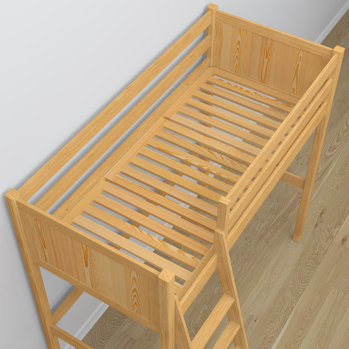 Natural Pine Wooden Loft Bed with Desk – Ladder and Joint Details