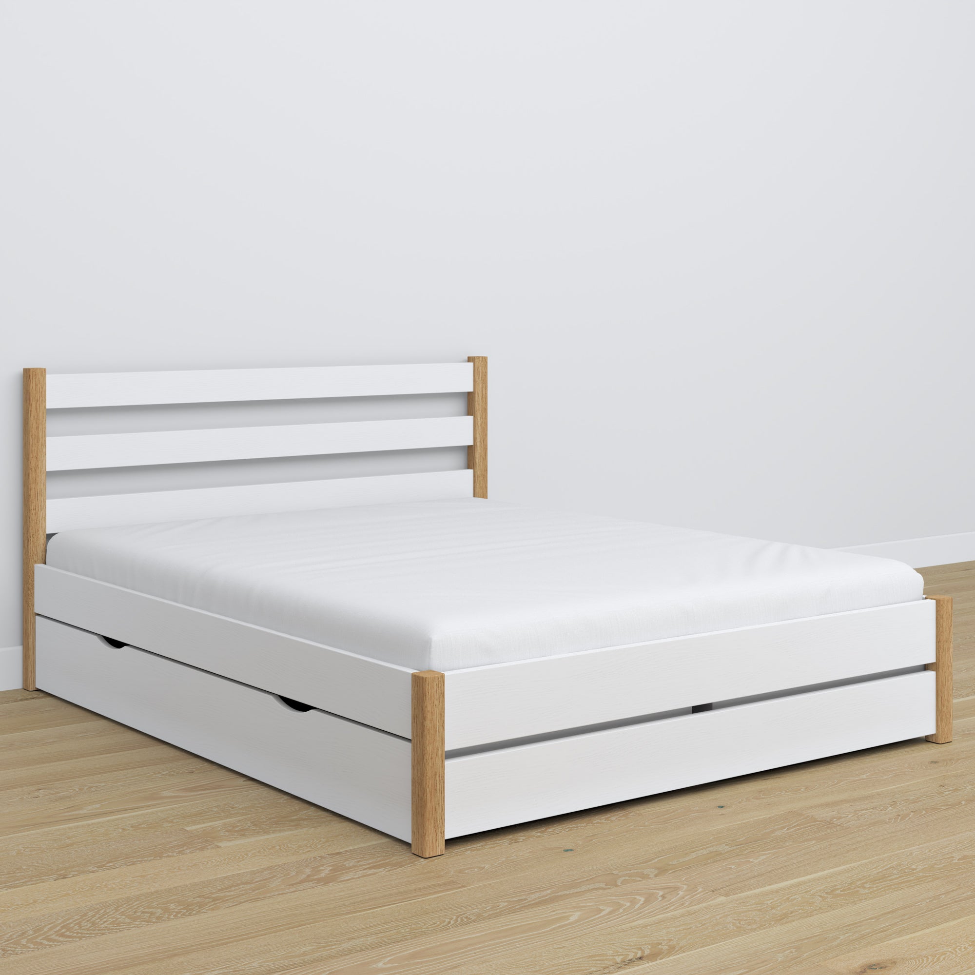 Letto matrimoniale bianco con quercia con cassetto – testiera in legno, dettaglio