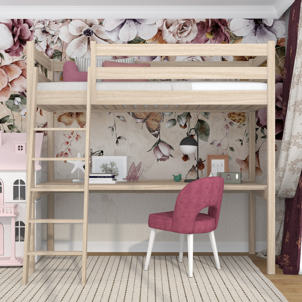 Letto a soppalco quercia sbiancata con scrivania – spazio studio sotto il letto, in quercia