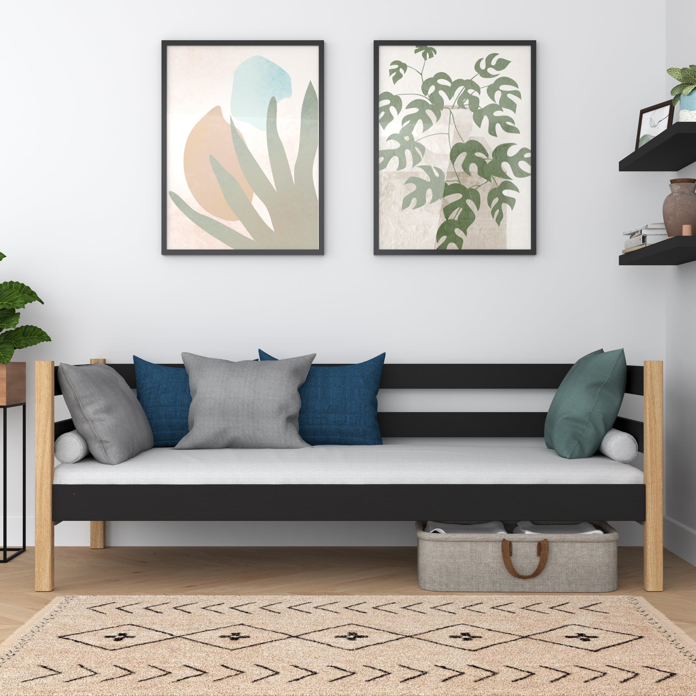 Letto divano in legno nero-quercia – stanza per bambini, stile scandinavo Nizio