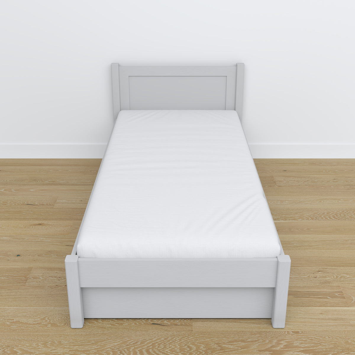 Letto grigio con cassetto – guide e dettagli in legno, Nizio