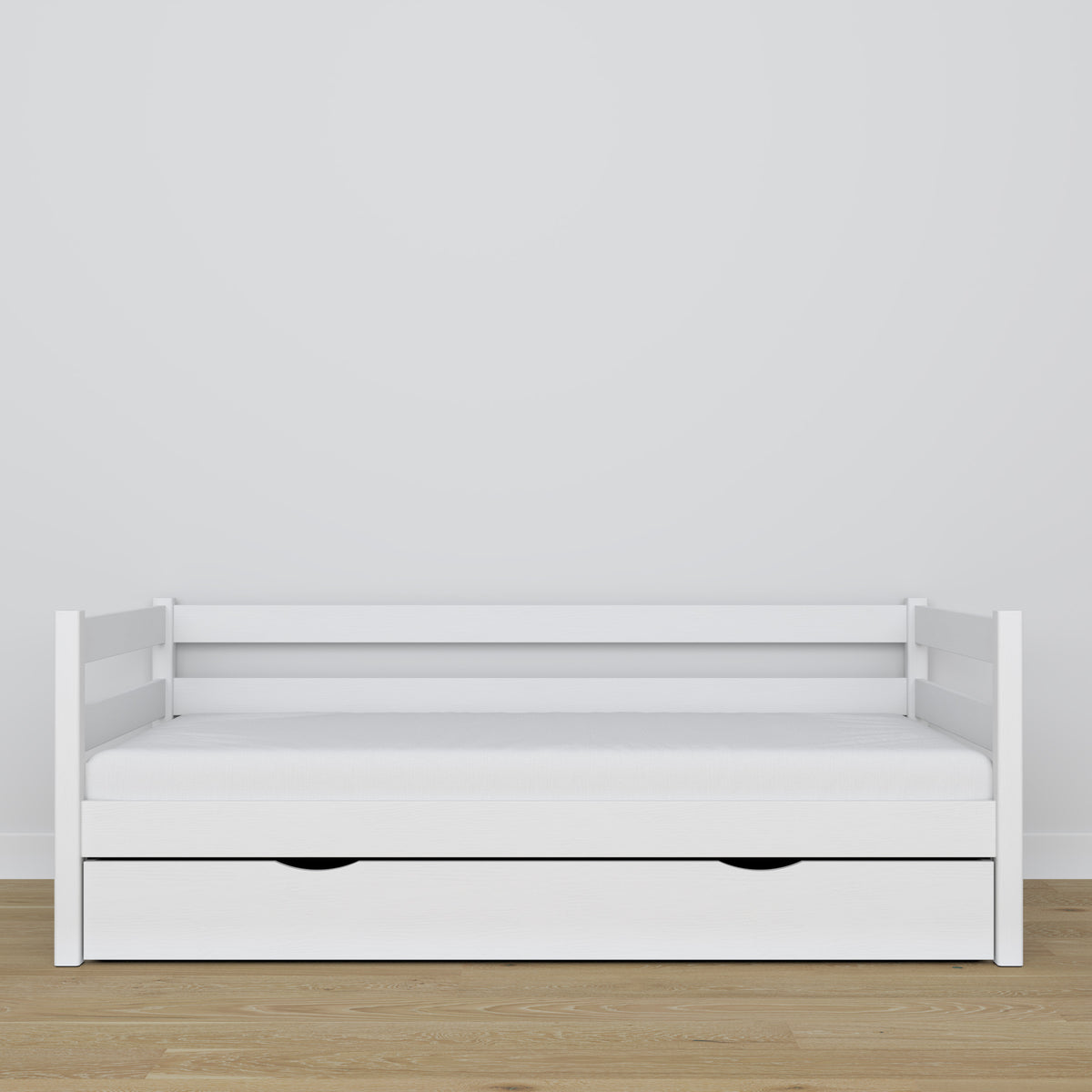 Łóżko sofa z szufladą biały z drewna – wymiary i schemat, Nizio