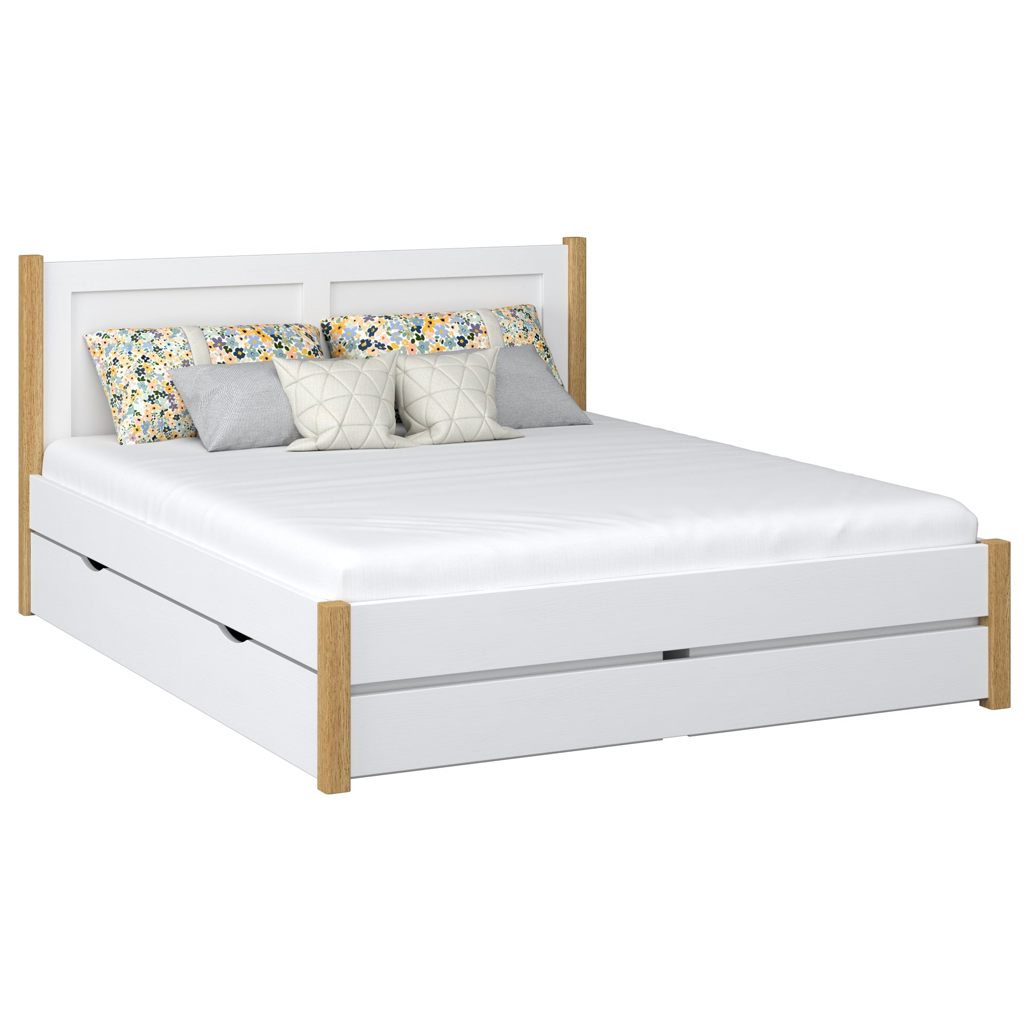 Letto matrimoniale con cassetto in legno bianco con quercia – camera da letto, vano, stile scandi