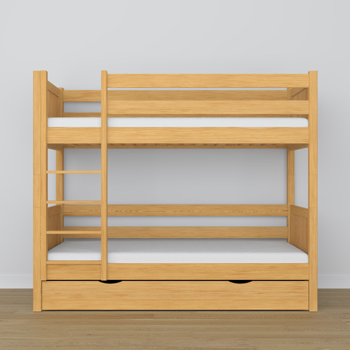 Letto a castello pino naturale con cassetto – sponda e scala in legno, Nizio