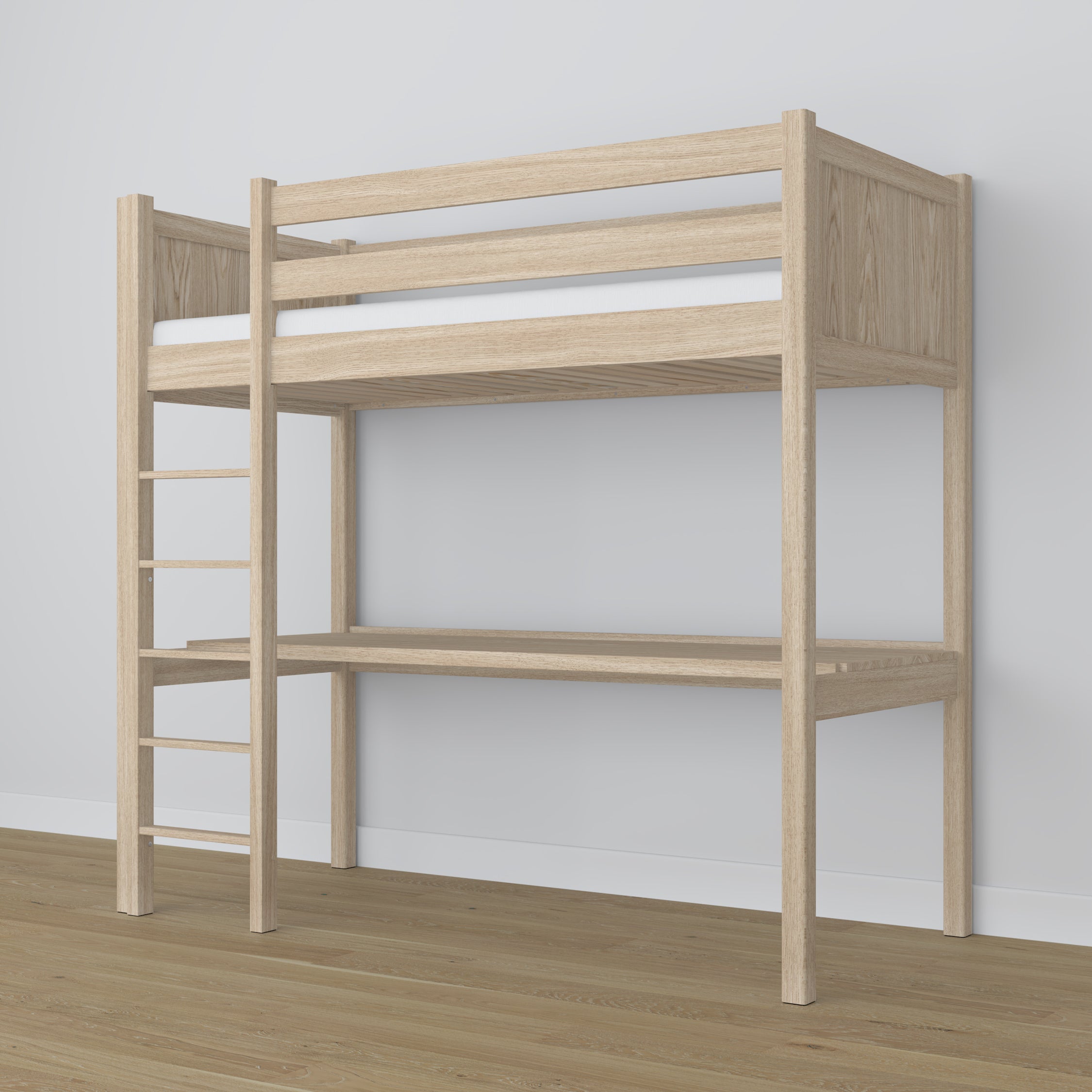 Oak Loft Bed with Desk Bleached Oak – Ladder and Safety Rail