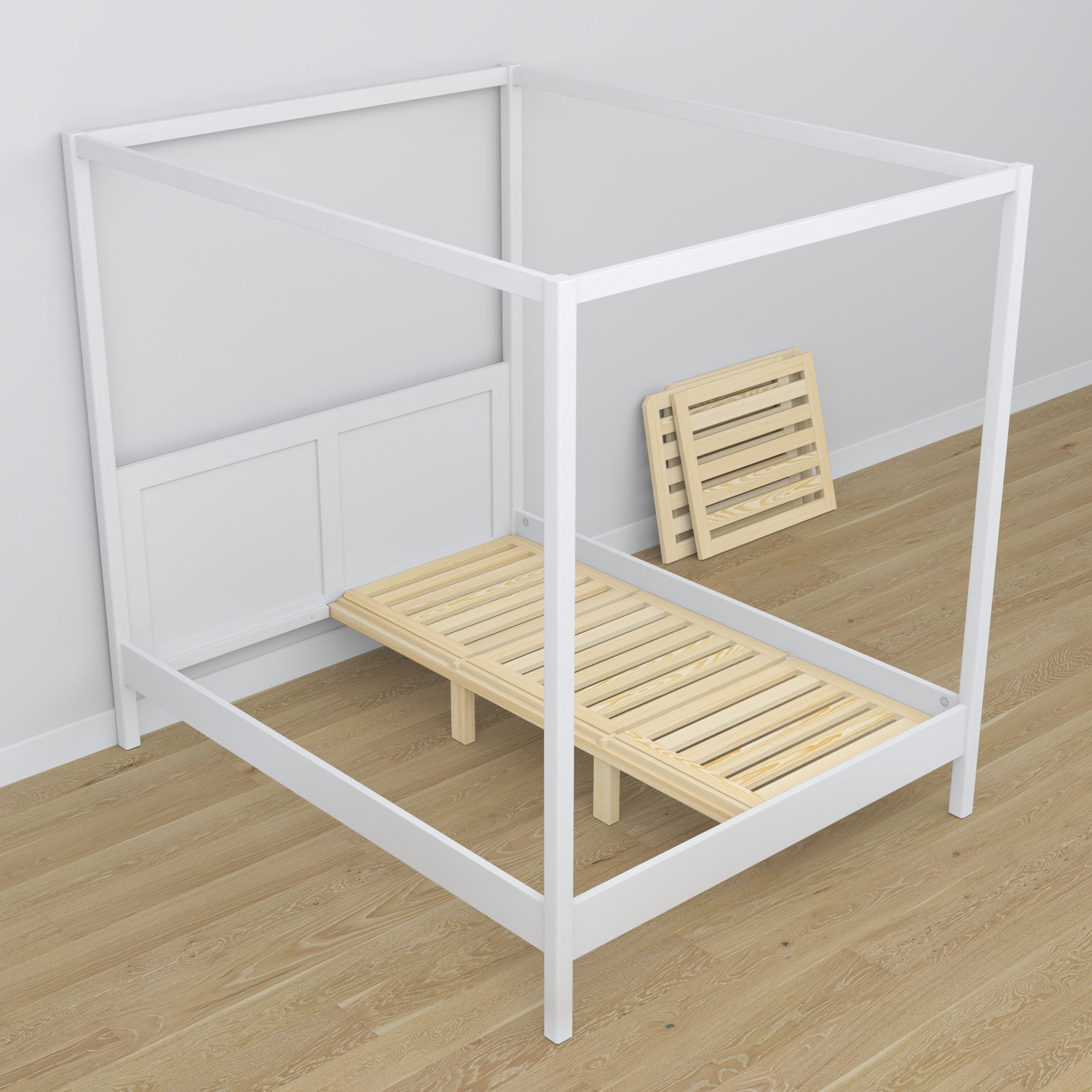 White canopy bed made of wood – side view, scandi style