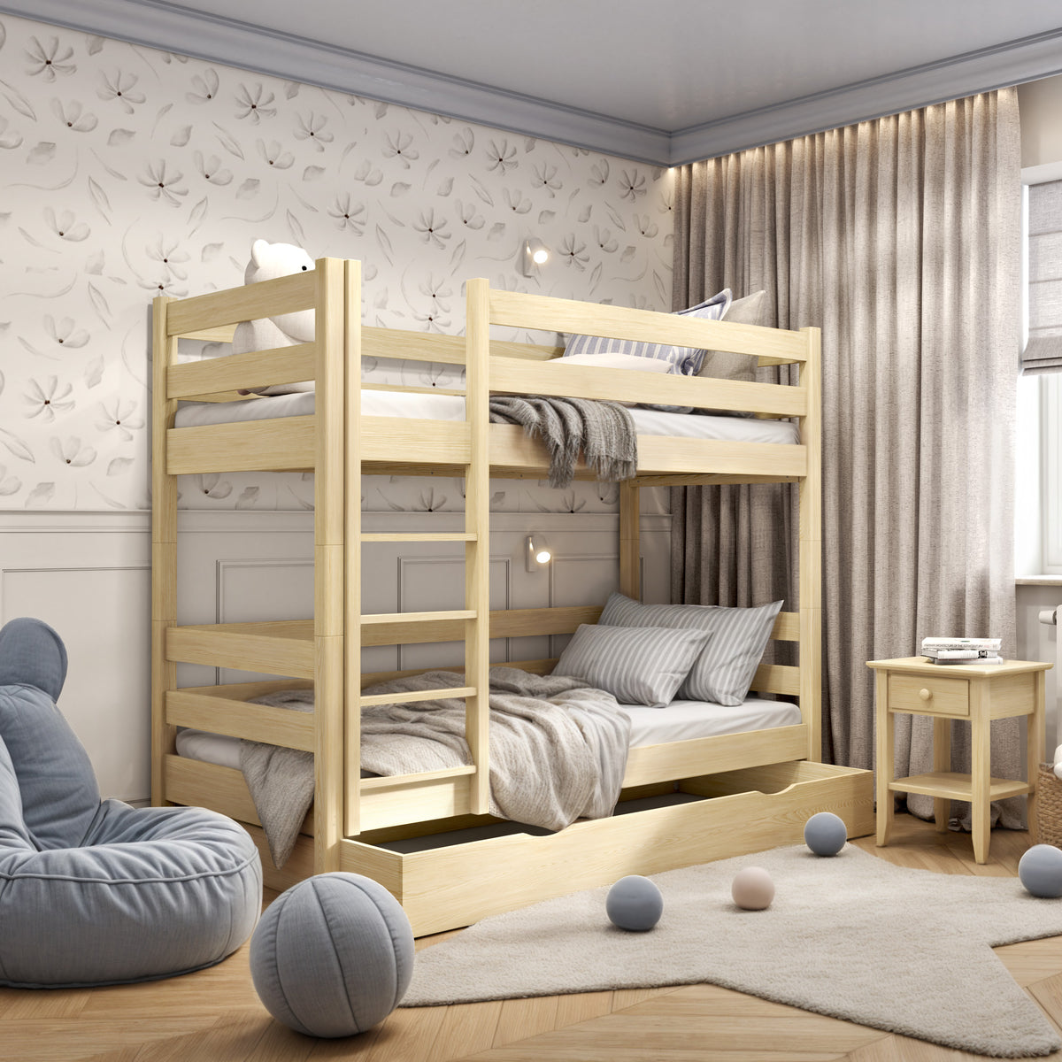 Letto a castello pino trasparente con cassetto – sponda e scala in legno, Nizio