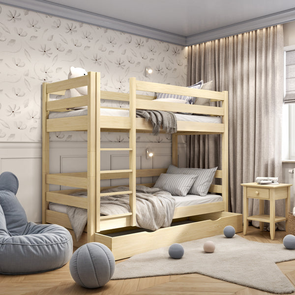 Clear Pine Bunk Bed with Drawer – Wooden Safety Rail and Ladder, Nizio