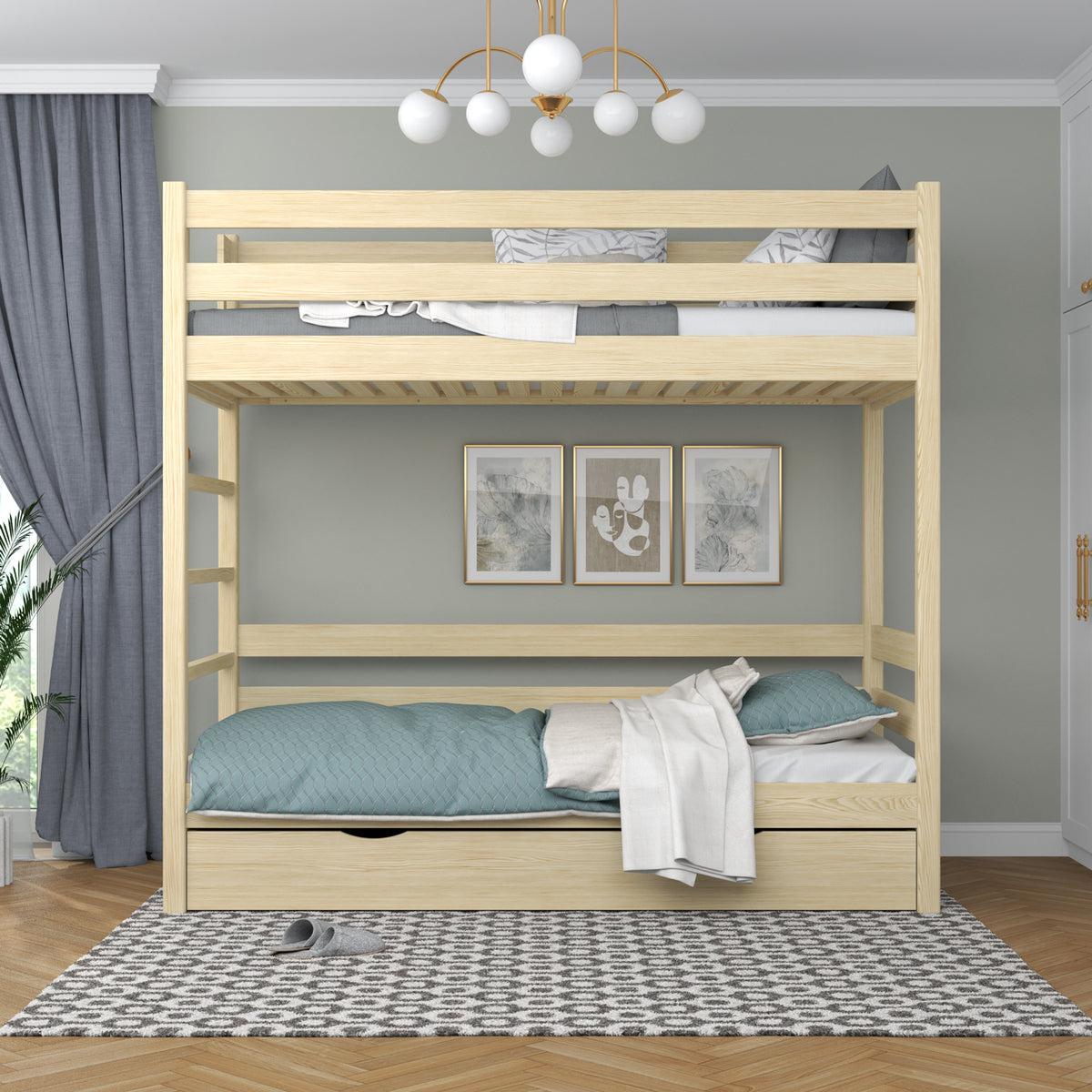 Letto a castello in legno pino trasparente – cassetto aperto, capiente vano sotto letto