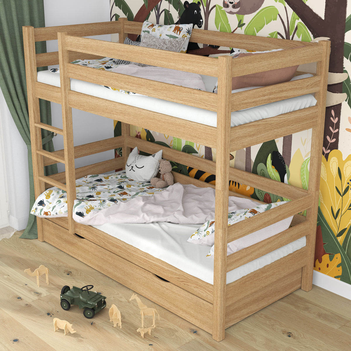 Natural Oak Bunk Bed for Children – Two Sleeping Areas and Drawer, Oak