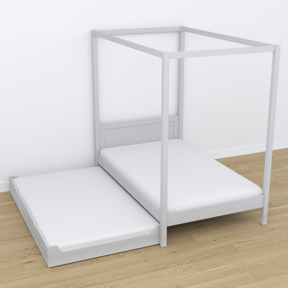 Letto con baldacchino in legno grigio – cassetto estratto, spazio su ospiti