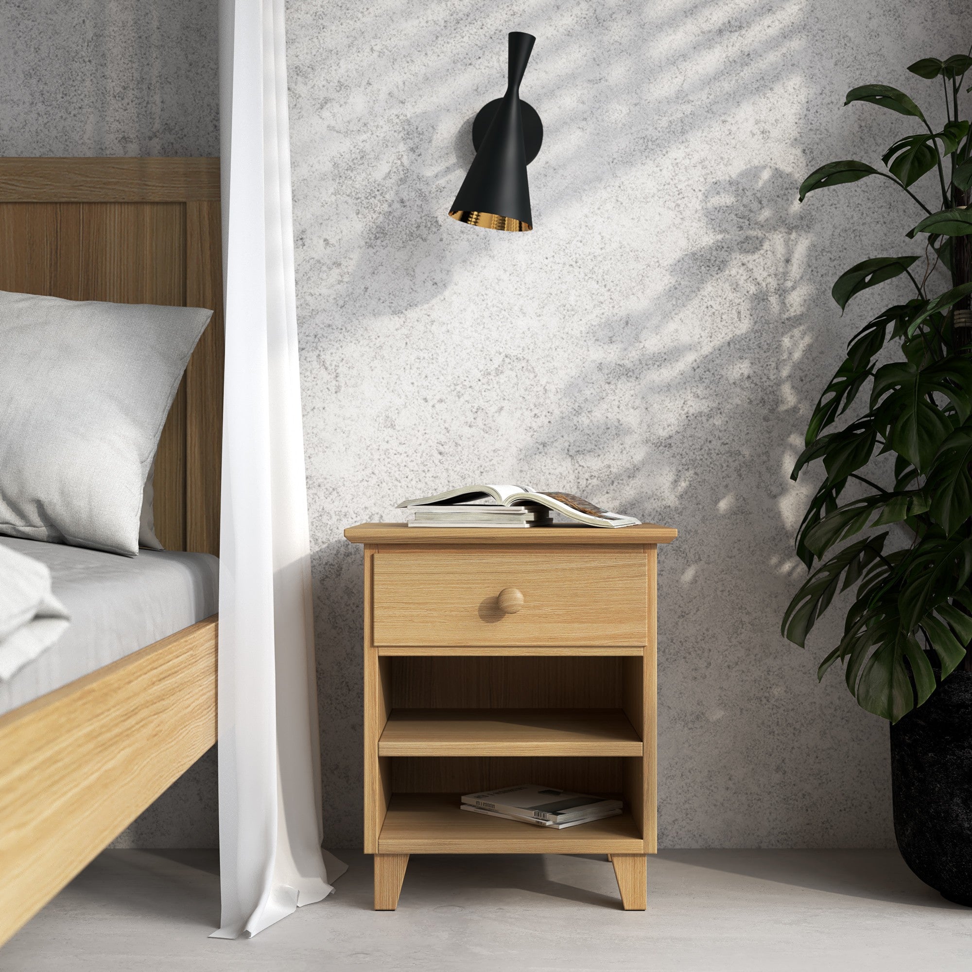Bedside table N02 oak natural oak – open drawer, bedside storage compartment
