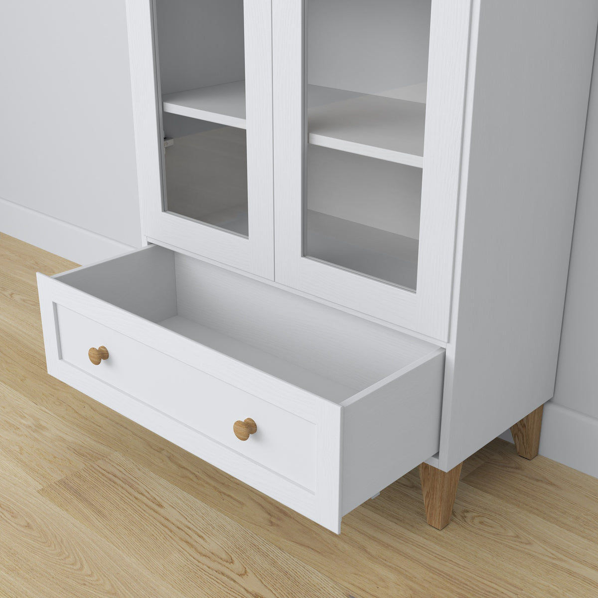 Display cabinet 1S wooden white with oak – open doors, shelves and drawer inside