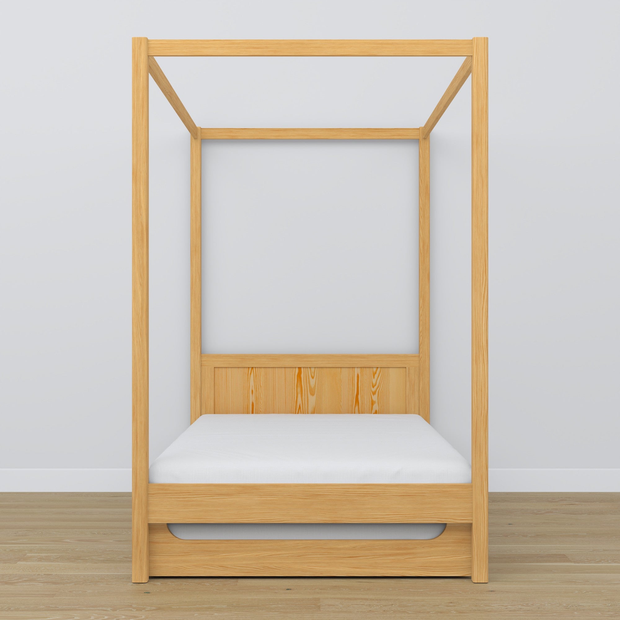 Natural pine canopy bed with drawer – side view, wooden, Nizio