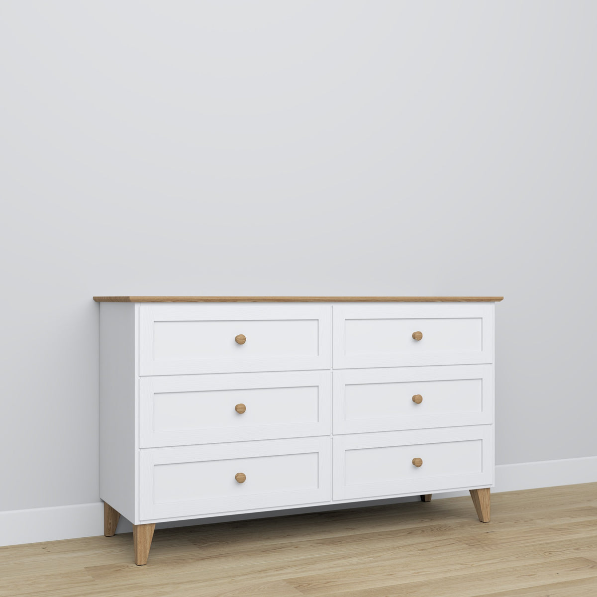 Chest of drawers 6S white with oak – wooden, closed drawers, front view, Nizio