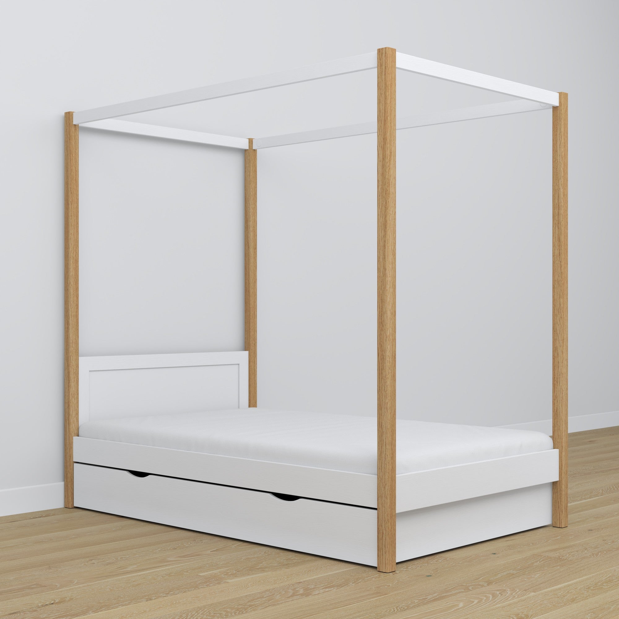 Letto con baldacchino in legno bianco-quercia in nella cameretta dei bambini – allestimento scandi