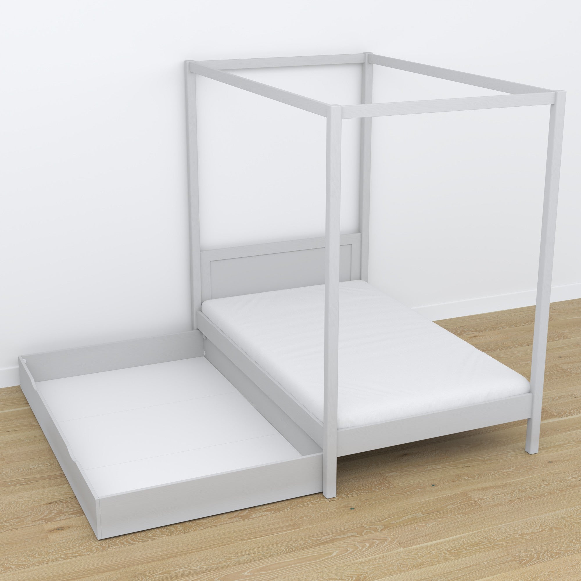 Letto con baldacchino in legno grigio – cornice decorativa, stanza per bambini