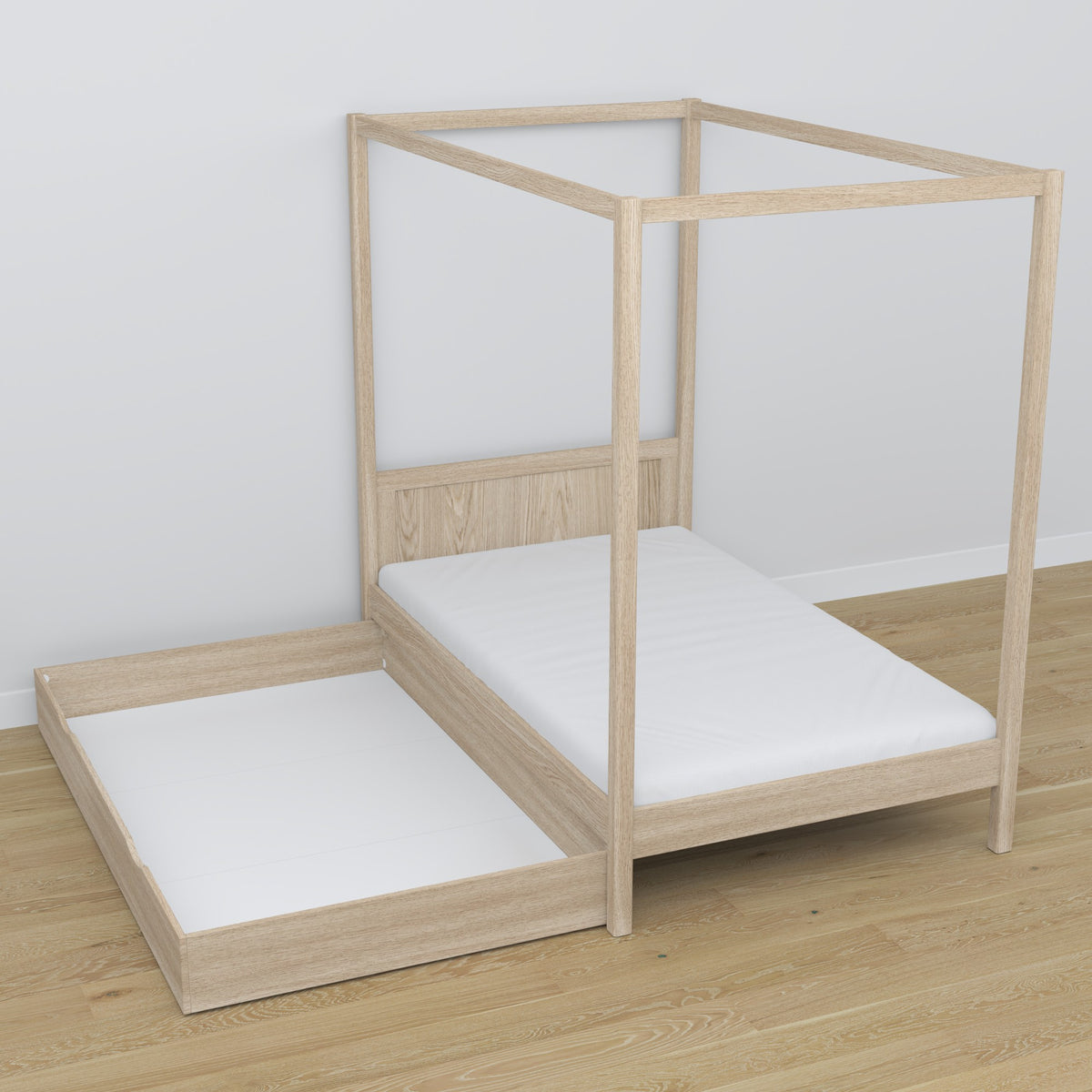 Letto con baldacchino in rovere sbiancata – cornice decorativa, stanza per bambini