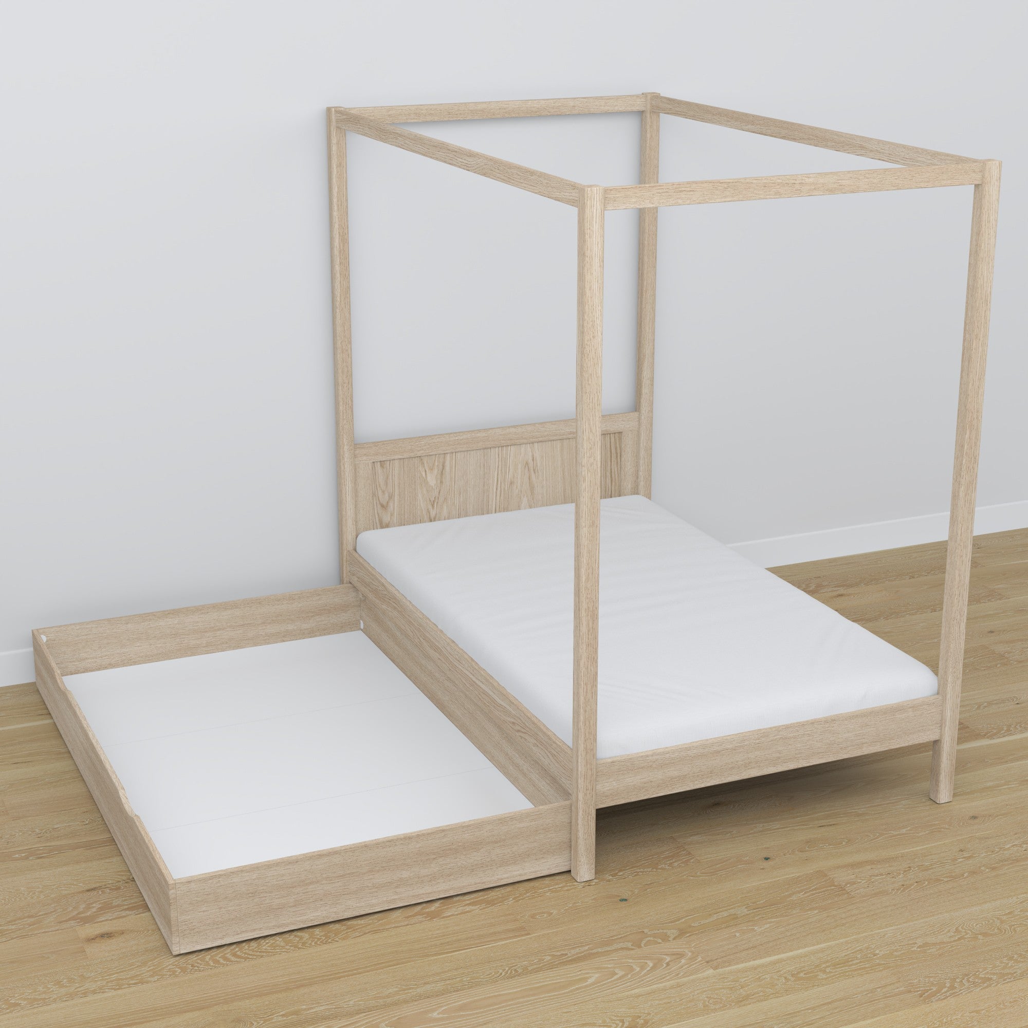 Letto con baldacchino in rovere sbiancata – cornice decorativa, stanza per bambini