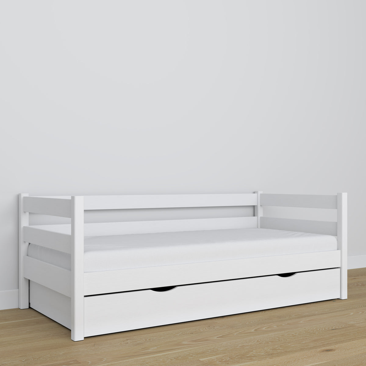 Łóżko sofa z szufladą drewniane biały – pokój dziecięcy, aranżacja scandi
