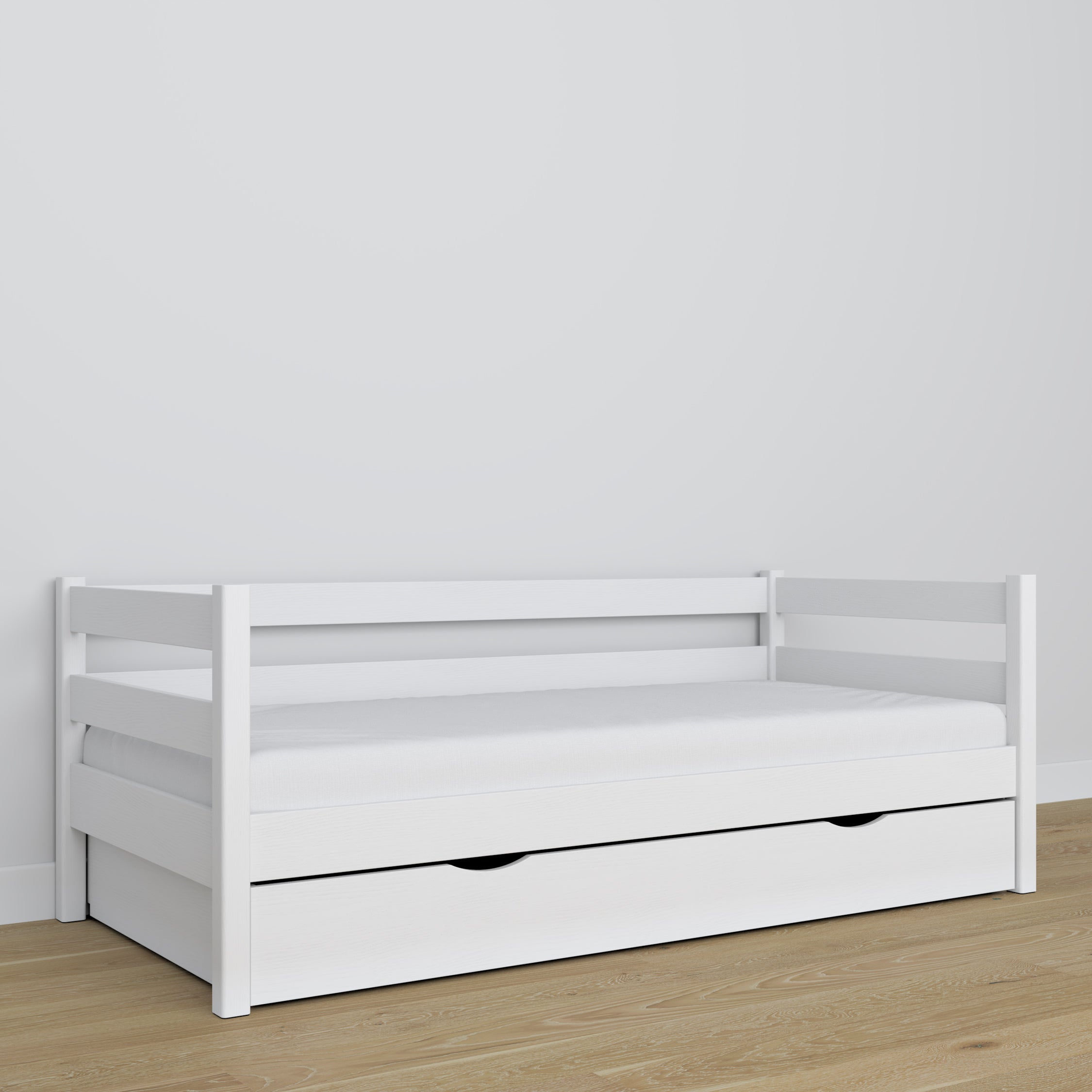 Łóżko sofa z szufladą drewniane biały – pokój dziecięcy, aranżacja scandi