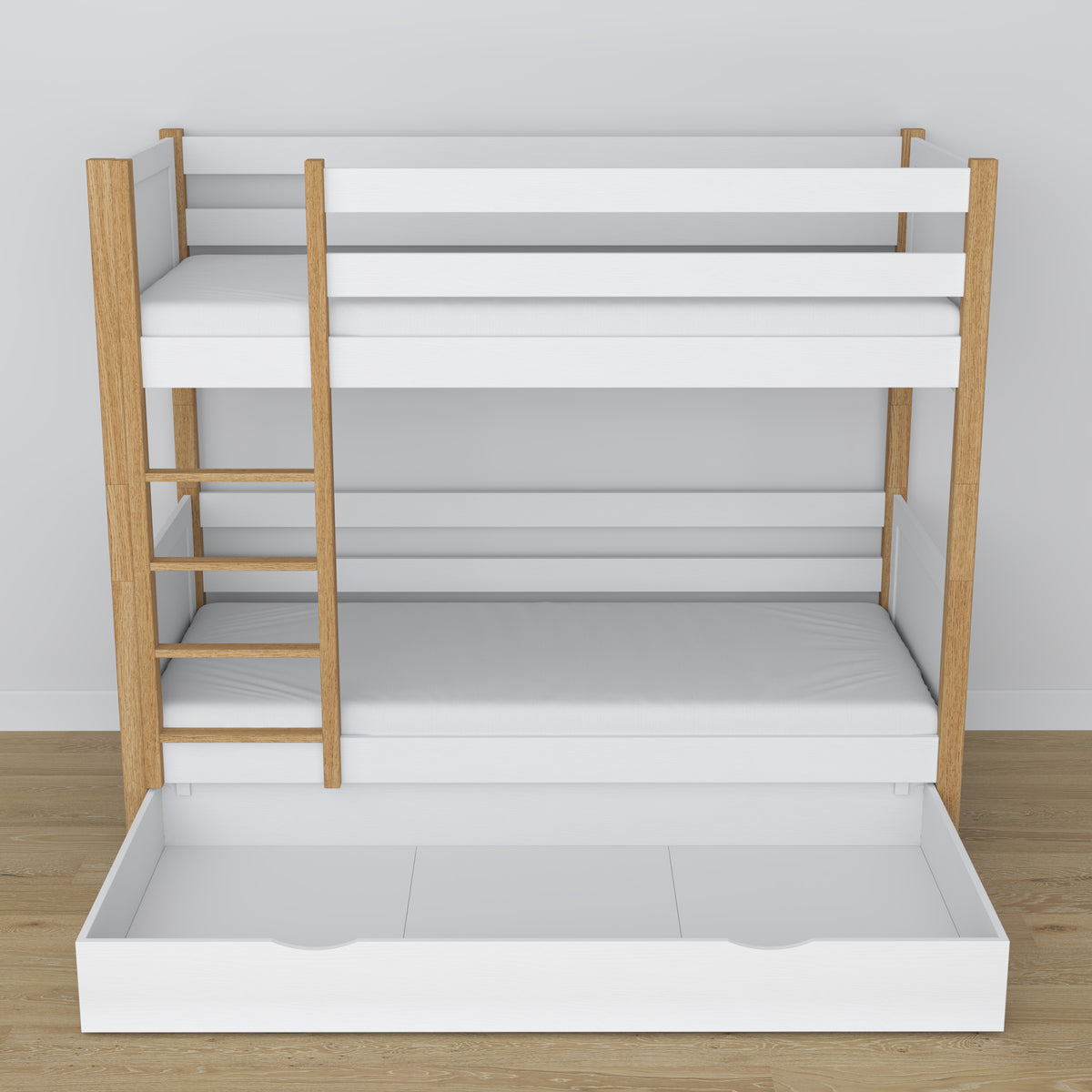 White and Oak Wooden Bunk Bed – Ladder and Joint Details, Children’s Room