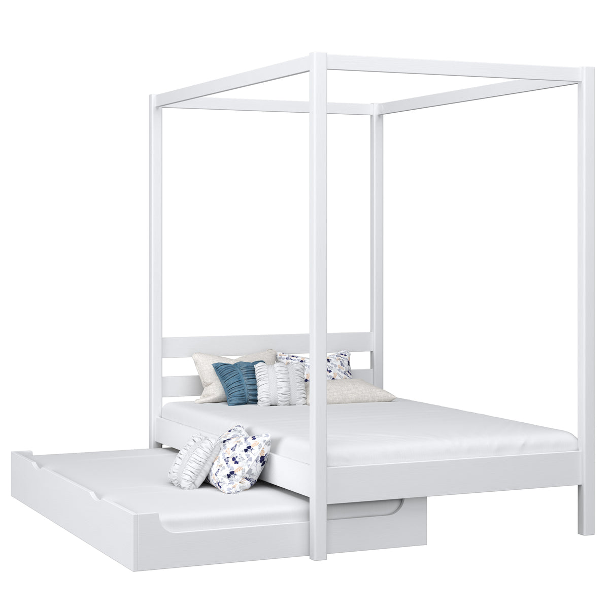 Letto bianco con baldacchino – cassetto per materasso aggiuntivo, in legno