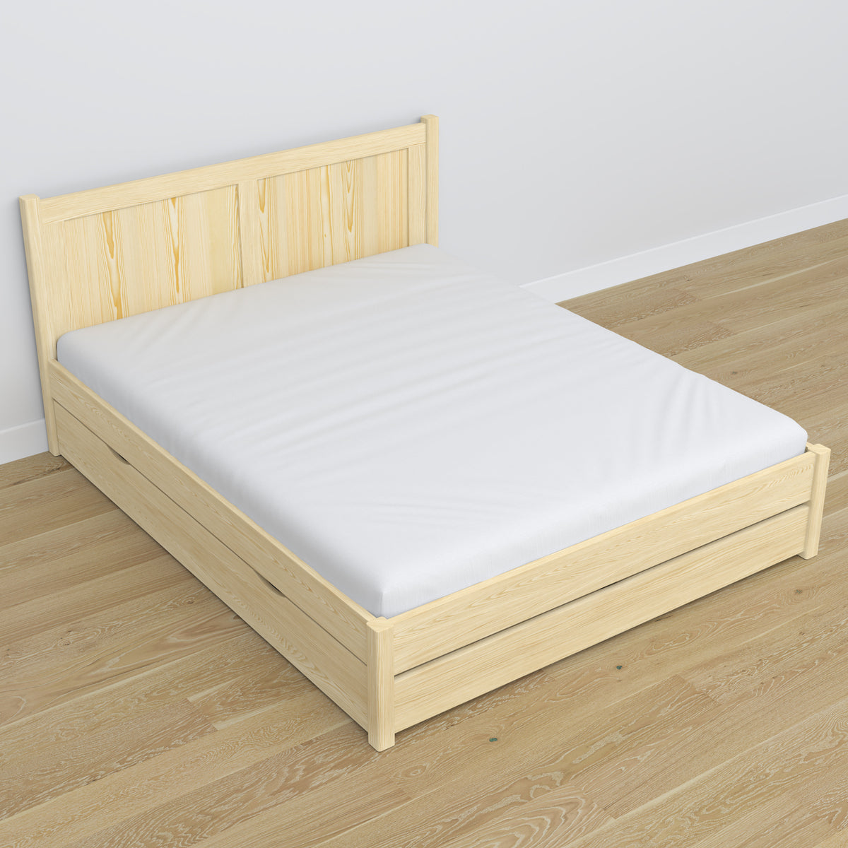 Double bed clear pine – wooden legs and base, close-up