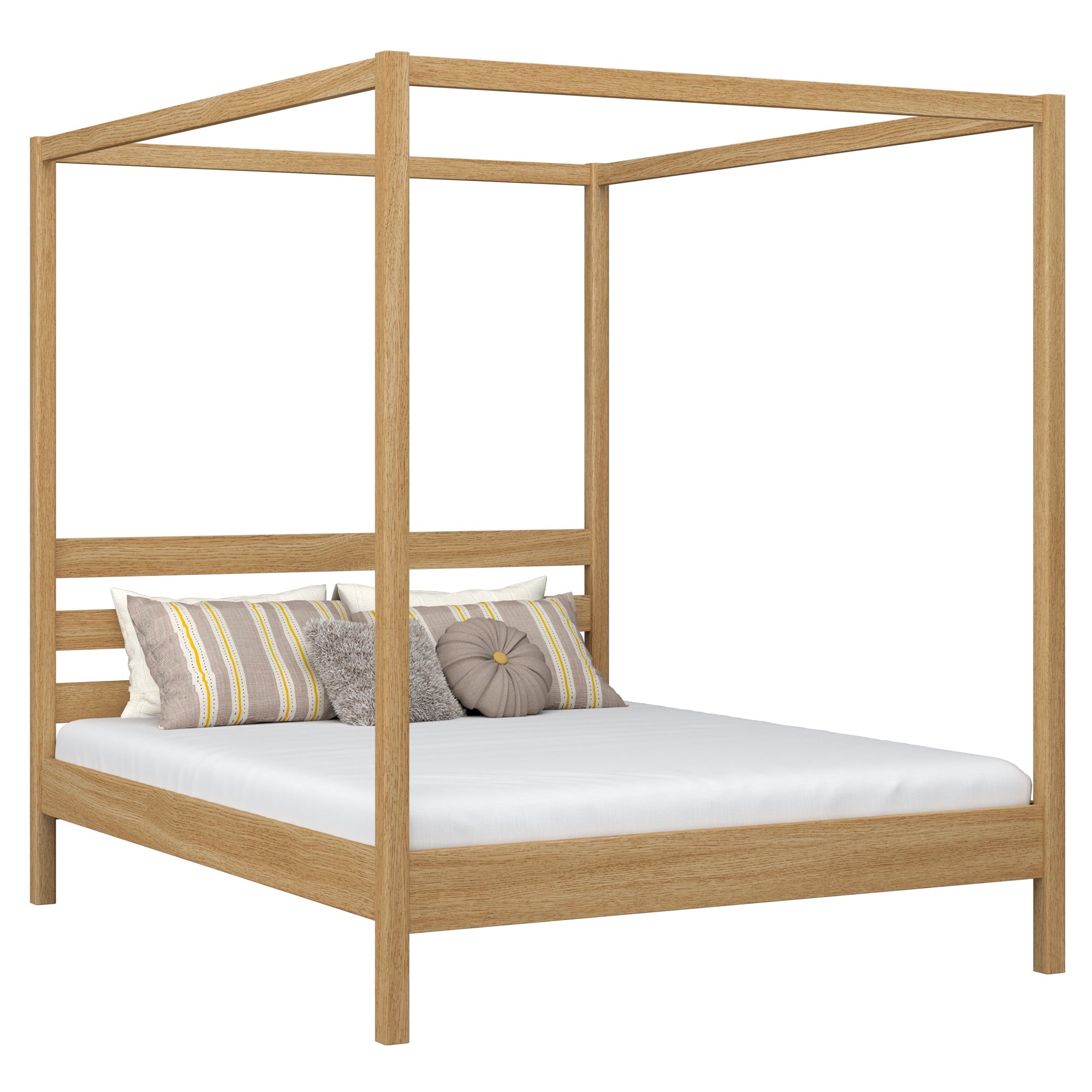 Double bed with canopy natural oak – oak slatted frame and slats, Nizio