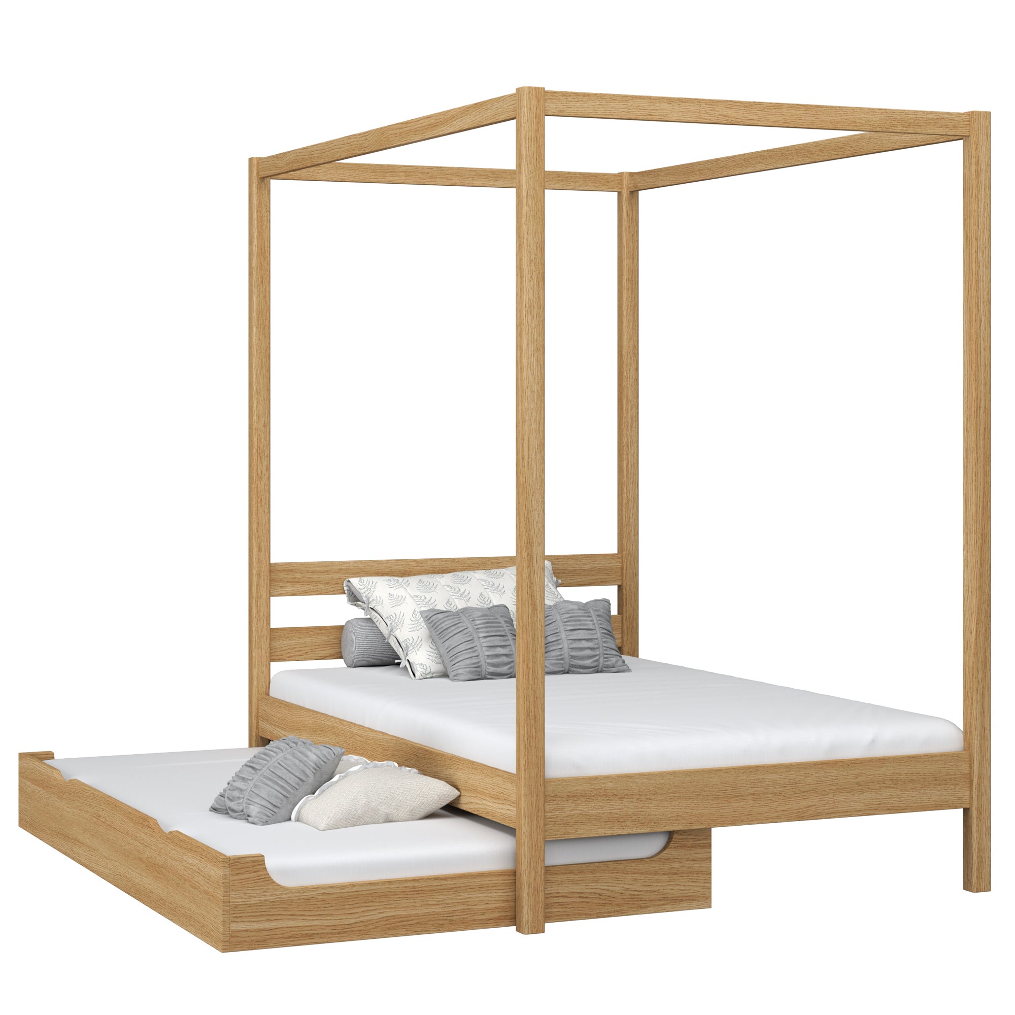 Letto con baldacchino e cassetto per materasso in rovere naturale – stanza per bambini scandi